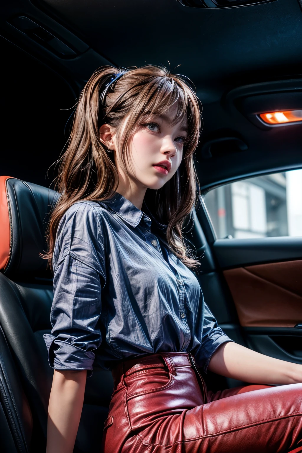 (front view:1.4), 1girl blue shirt, (lisa blackpink)korean style, brown(spike hair), blurry_background, red neon light, holding the steer(fererri) inside the sports car(luxury interior of cabin), ((realistic))