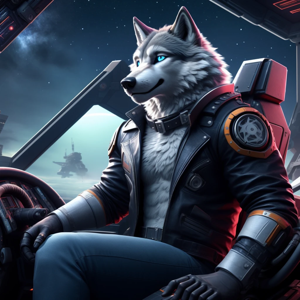 Sitting in chair, 1Male, 30 years old, cute, eyeliner, happy expression, black leather jacket, anthro, wolf ears, Timber wolf, (mech cockpit background:1.5), 8k, hi res, (best quality, masterpiece), (wolf tail:1.5), detailed fur, solo, collar, blue jeans, blue eyes. dynamic angle, ultra-detailed, night sky, distant city