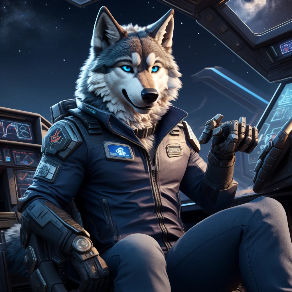 Sitting in chair, 1Male, 30 years old, cute, eyeliner, happy expression, black leather jacket, anthro, wolf ears, Timber wolf, (mech cockpit background:1.5), 8k, hi res, (best quality, masterpiece), (wolf tail:1.5), detailed fur, solo, collar, blue jeans, blue eyes. dynamic angle, ultra-detailed, night sky, distant city