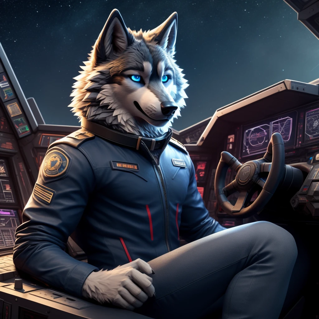 Sitting in chair, 1Male, 30 years old, cute, eyeliner, happy expression, black leather jacket, anthro, wolf ears, Timber wolf, (mech cockpit background:1.5), 8k, hi res, (best quality, masterpiece), (wolf tail:1.5), detailed fur, solo, collar, blue jeans, blue eyes. dynamic angle, ultra-detailed, night sky, distant city