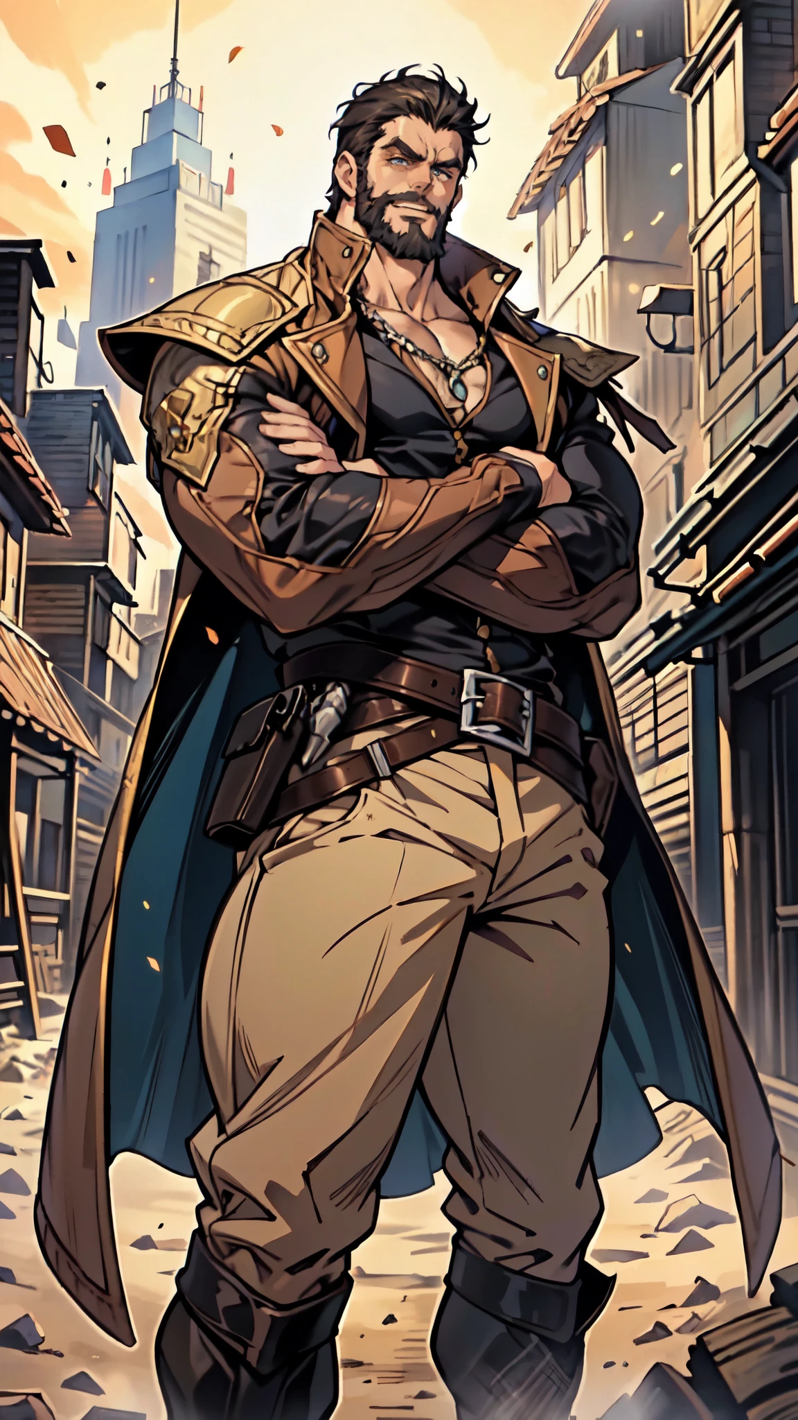 (masterpiece:1.2, best quality:1.2, extremely delicate:1.2), ((male:1.5)), a middle-aged man with short black and gold hair, rugged eyebrows, a full beard, downturned triangular eyes, an arrogant expression, mouth open laughing, a tall and robust build, a fantasy western-style cape and leather coat, his arms crossed over his chest, a leather utility belt, loose canvas trousers, standing majestically on a barren hillside, this character embodies a finely crafted fantasy western-style overlord in anime style, exquisite and mature manga art style, dramatic, high definition, highres, ultra-detailed, ultra-fine painting, professional, perfect body proportions, golden ratio, anatomically correct, symmetrical face, extremely detailed eyes and face, high quality eyes, creativity, RAW photo, UHD, 32k, Natural light, cinematic lighting, (masterpiece-anatomy-perfect:1.2)