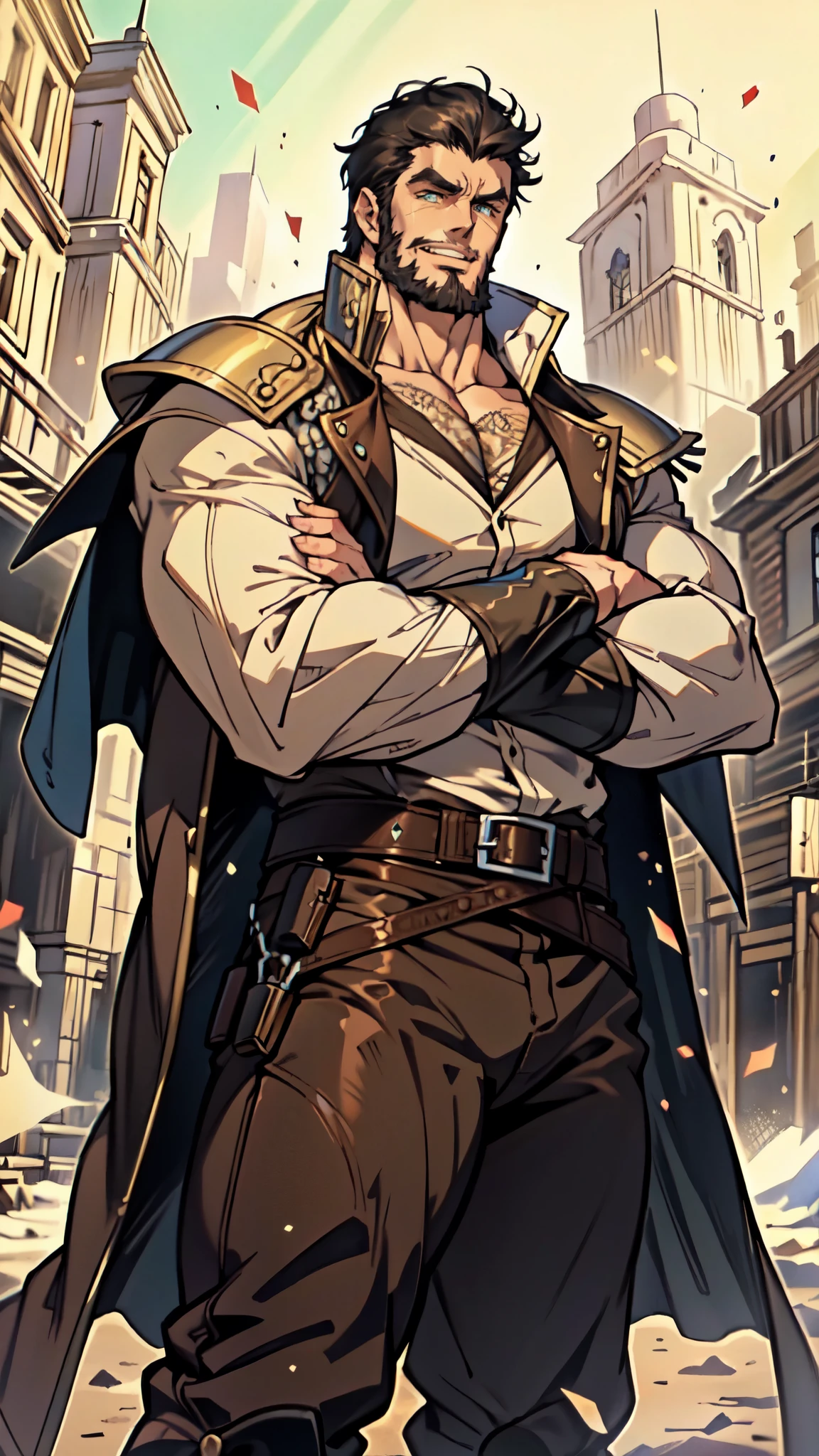 (masterpiece:1.2, best quality:1.2, extremely delicate:1.2), ((male:1.5)), a middle-aged man with short black and gold hair, rugged eyebrows, a full beard, downturned triangular eyes, an arrogant expression, mouth open laughing, a tall and robust build, a fantasy western-style cape and leather coat, his arms crossed over his chest, a leather utility belt, loose canvas trousers, standing majestically on a barren hillside, this character embodies a finely crafted fantasy western-style overlord in anime style, exquisite and mature manga art style, dramatic, high definition, highres, ultra-detailed, ultra-fine painting, professional, perfect body proportions, golden ratio, anatomically correct, symmetrical face, extremely detailed eyes and face, high quality eyes, creativity, RAW photo, UHD, 32k, Natural light, cinematic lighting, (masterpiece-anatomy-perfect:1.2)