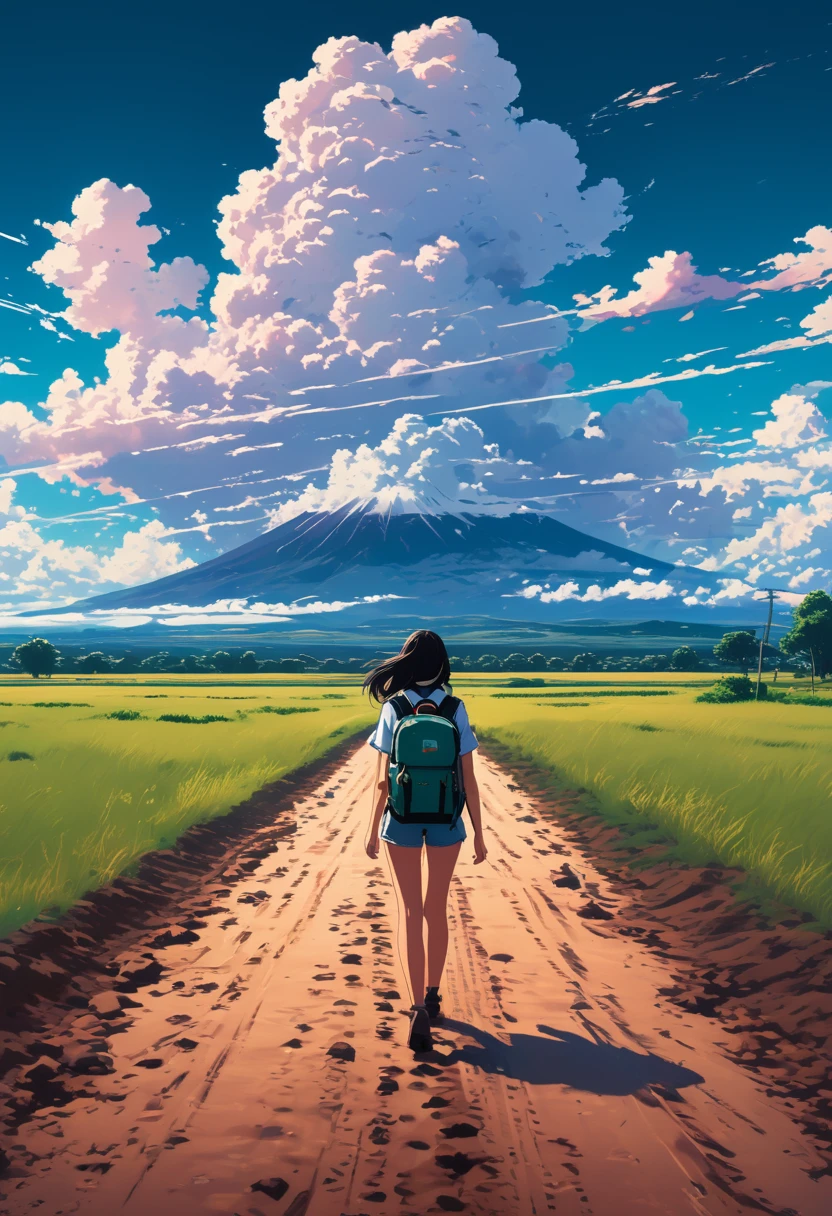 there is a woman walking down a dirt road with a backpack, anime style mixed with fujifilm, style of alena aenami, girl clouds, artistic. alena aenami, in style of makaoto shinkai, makoto shinkai cyril rolando, ilya kuvshinov landscape, in the distance, style of makoto shinkai, girl getting close to the mountain
