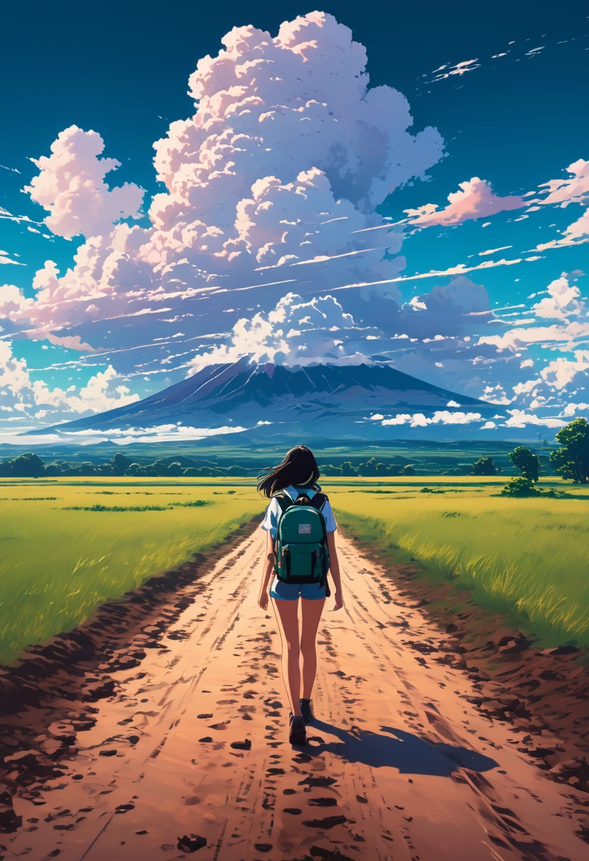 there is a woman walking down a dirt road with a backpack, anime style mixed with fujifilm, style of alena aenami, girl clouds, artistic. alena aenami, in style of makaoto shinkai, makoto shinkai cyril rolando, ilya kuvshinov landscape, in the distance, style of makoto shinkai, girl getting close to the mountain