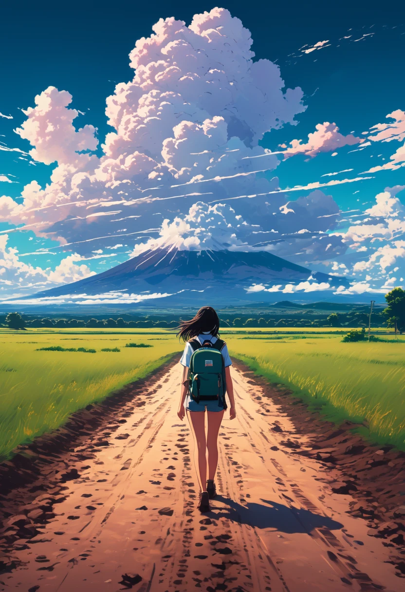 there is a woman walking down a dirt road with a backpack, anime style mixed with fujifilm, style of alena aenami, girl clouds, artistic. alena aenami, in style of makaoto shinkai, makoto shinkai cyril rolando, ilya kuvshinov landscape, in the distance, style of makoto shinkai, girl getting close to the mountain
