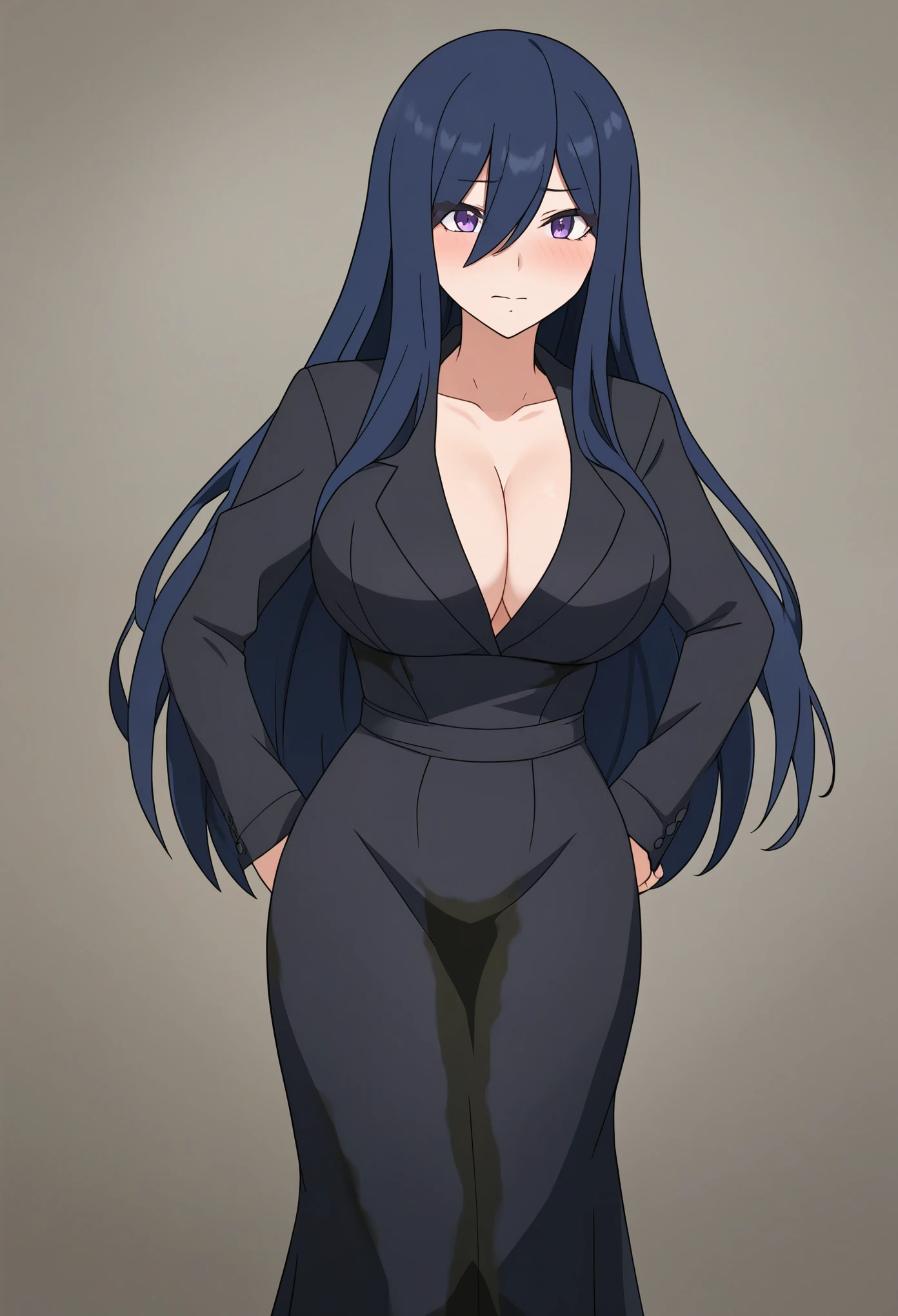 (high quality,Very detailed:1.37, High resolution), Woman, pokemoncynthia, large breasts, (very dark blue hair:1.5), hair over one eye, long hair, purple eyes, black coat, black dress, very long dress, skintight dress, coat, looking at viewer, masterpiece, best quality, (wetting herself:1.5), (embarrassed:1.5), (humiliation:1.5), (sweating:1.25), (blushing:1.5), (standing:1.5), (hands on hips:1.5)