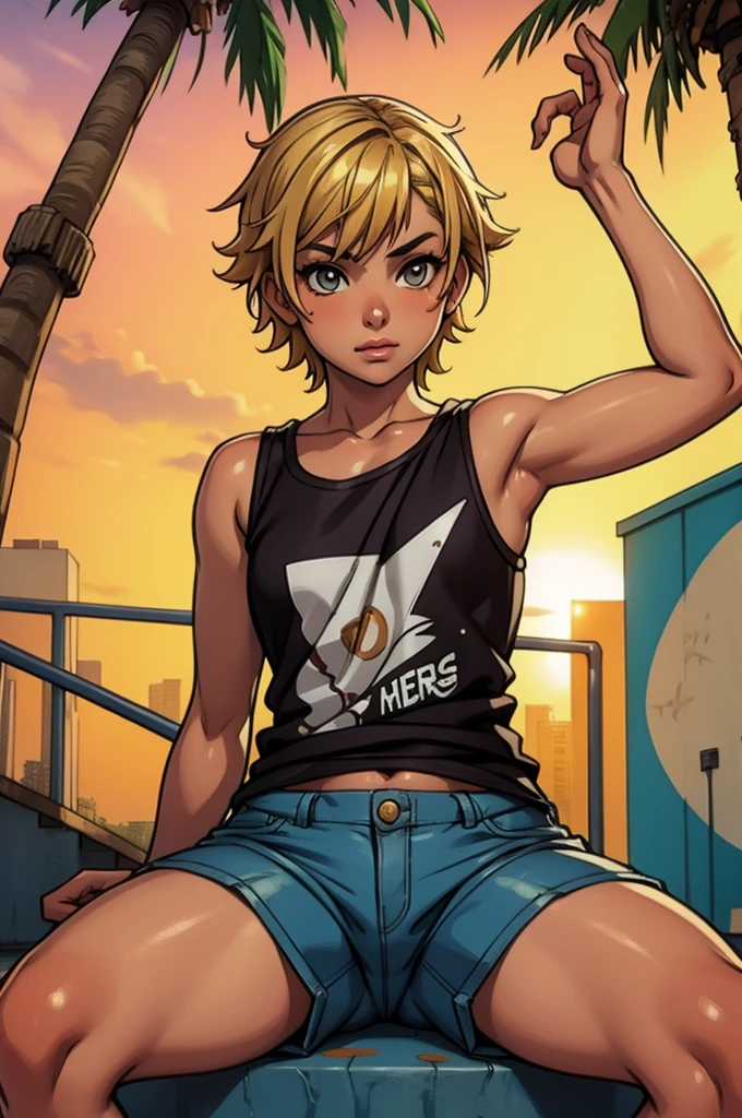 with short wavy blonde hair, hazel eyes, flat chest, wearing a white tank top with a colorful print, hazel Bermuda shorts, posing sitting on a staircase with graffiti, upper body, concrete staircase background with graffiti in a skate park, palm trees, depth on field, Dutch angle, afternoon light, evening, sunset, los angles