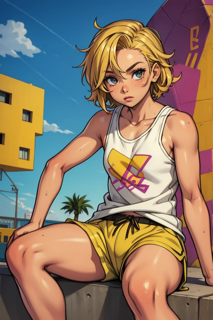 12-year-old girl with short wavy blonde hair, hazel eyes, flat chest, wearing a white tank top with a colorful print, hazel Bermuda shorts, posing sitting on a staircase with graffiti, upper body, concrete staircase background with graffiti in a skate park, palm trees, depth on field, Dutch angle, afternoon light, evening, sunset, los angles, six pack