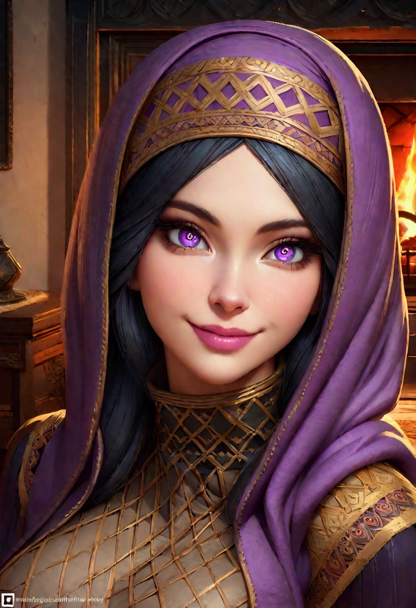 Dee768, portrait, smile, hijab, big breasts, turtleneck, leather purple clothes, Tangier, fireplace, detailed eyes, photography, trending on artstation, sharpness, studio photography, intricate details, highly detailed, Tangier in background, by Greg Rutkowski