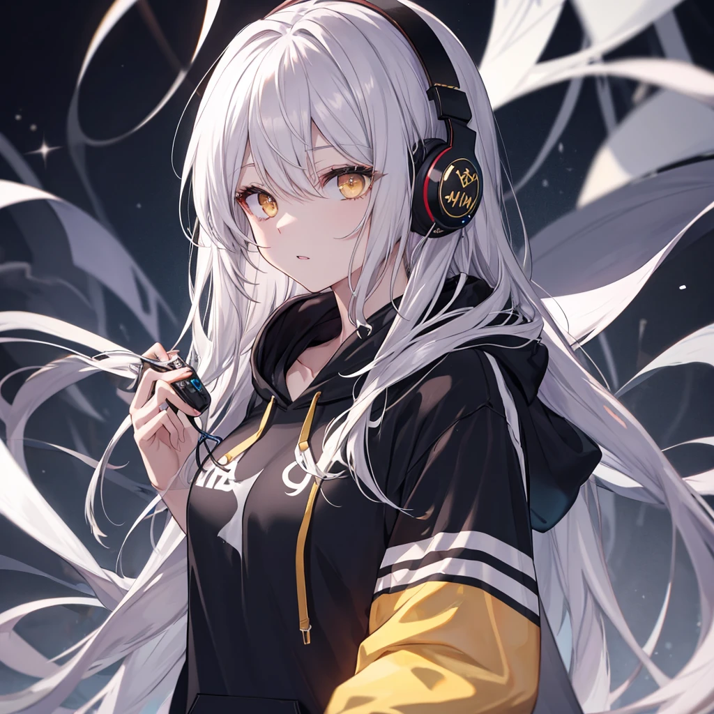 Golden Eyes、woman、Breasts、Silver Hair、Semi-long hair、Put on some cool headphones,
Black hoodie oversized，
MytH, beautiful and delicate
Golden Eyes、Black clothes，Solo，
Near future
