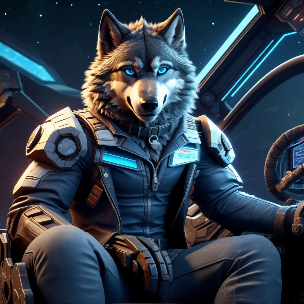 Sitting in chair, 1Male, 30 years old, cute, eyeliner, happy expression, black leather jacket, anthro, wolf ears, Timber wolf, (mech cockpit background:1.5), 8k, hi res, (best quality, masterpiece), (wolf tail:1.5), detailed fur, solo, collar, blue jeans, blue eyes. dynamic angle, ultra-detailed, night sky
