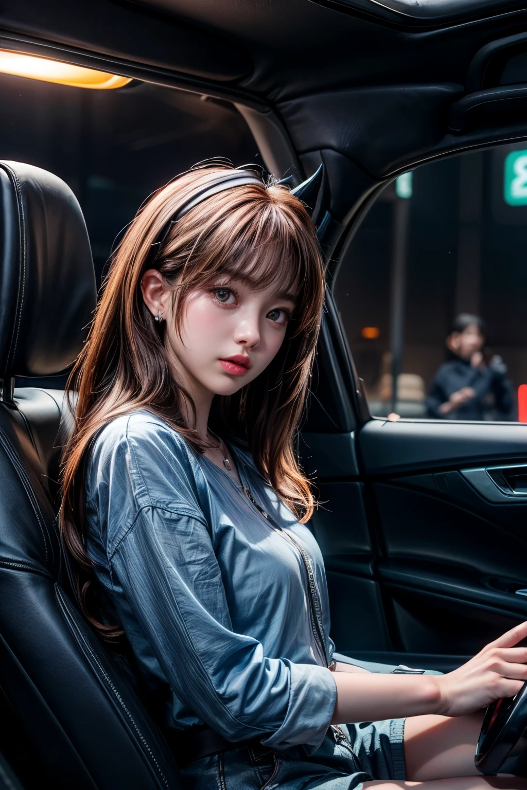 (front view:1.4), 1girl blue shirt, (lisa blackpink)korean style, brown(spike hair), blurry_background, red neon light, holding the steer(fererri) inside the sports car(luxury interior of cabin), ((realistic))