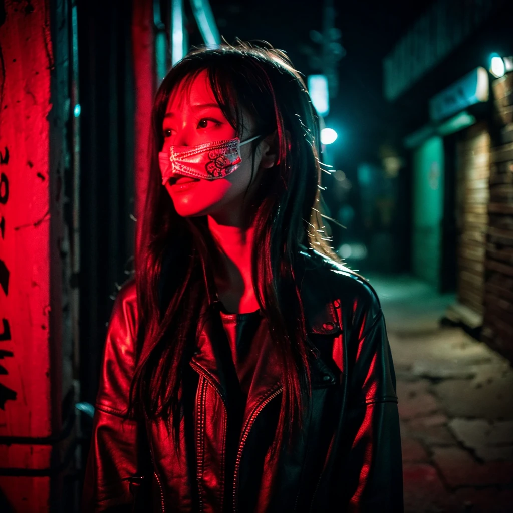 a closeup of a women with long hair, smooth and black, popular korean makeup, tomboy, South Korean popular makeup, The 
 Korean girl is in an empty, dark alley illuminated by red lights., The girl wears red and black leather clothes and can barely see because of the dark vibe of the alley., the red light is not as intense making the darkness noticeable, the alley is dark without any kind of light, The girl is standing and you can see her whole body., she wears a mask on her face