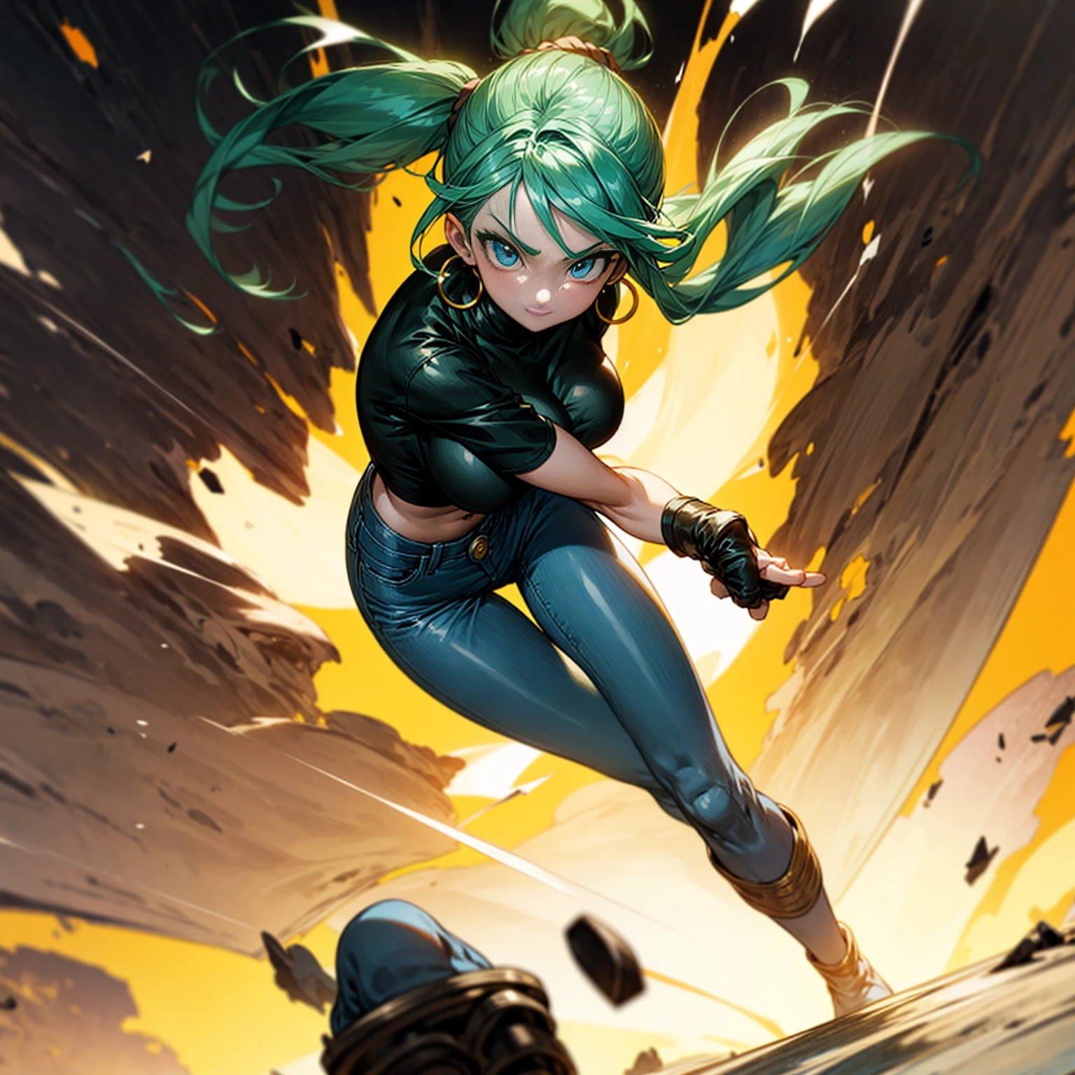 Solo character, young girl, full body version, blue eyes, green hair, long Curly hairstyle, ponytail, black t-shirt, long jeans, white boots, gloves, big breasts, Grassroots, background in street city, evening day, (one piece style art), standing battle gesture, hand gun in hand, smoke effect, fire effect, blood on background, happy eyes, Hoop earrings, behind angle view 