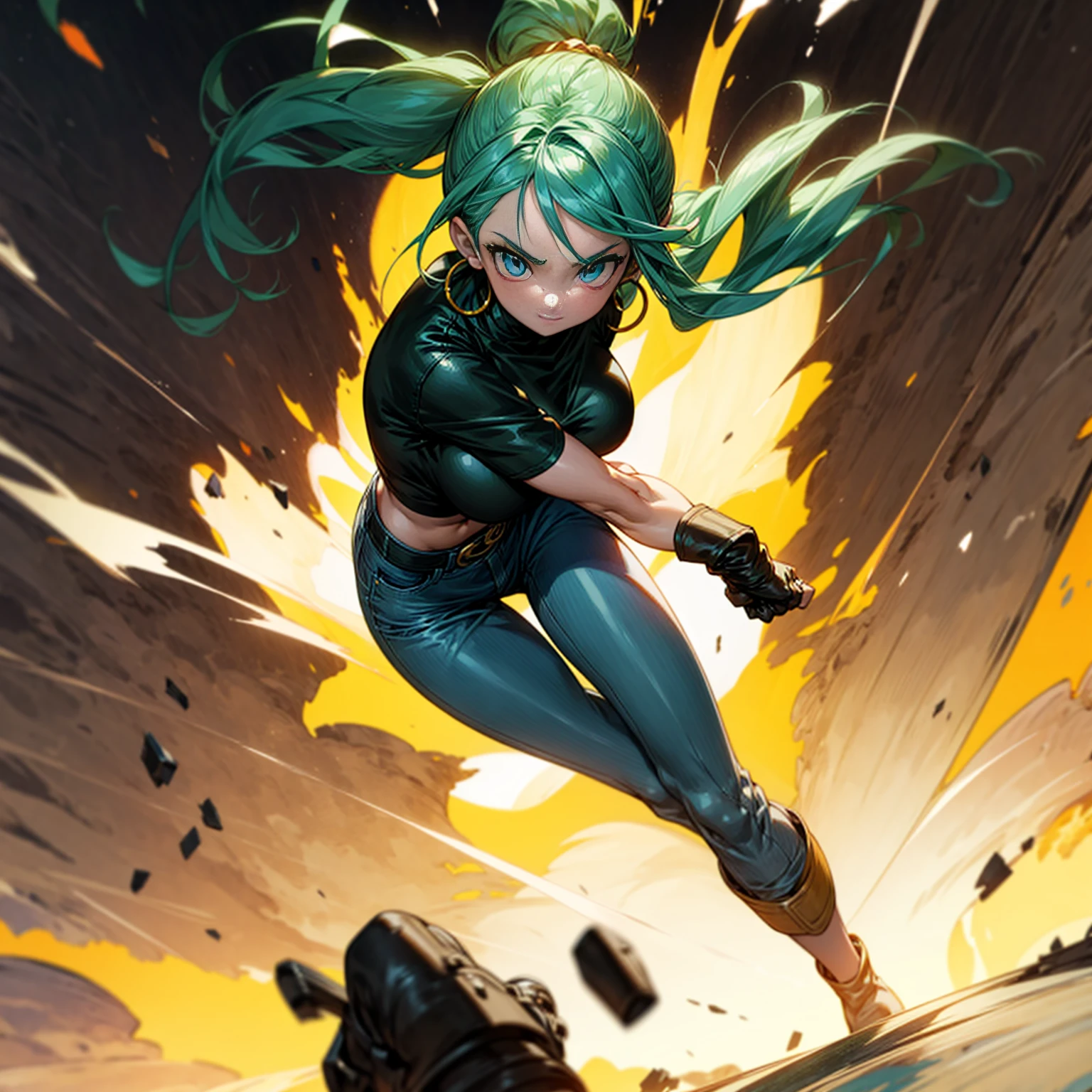 Solo character, young girl, full body version, blue eyes, green hair, long Curly hairstyle, ponytail, black t-shirt, long jeans, white boots, gloves, big breasts, Grassroots, background in street city, evening day, (one piece style art), standing battle gesture, hand gun in hand, smoke effect, fire effect, blood on background, happy eyes, Hoop earrings, behind angle view 