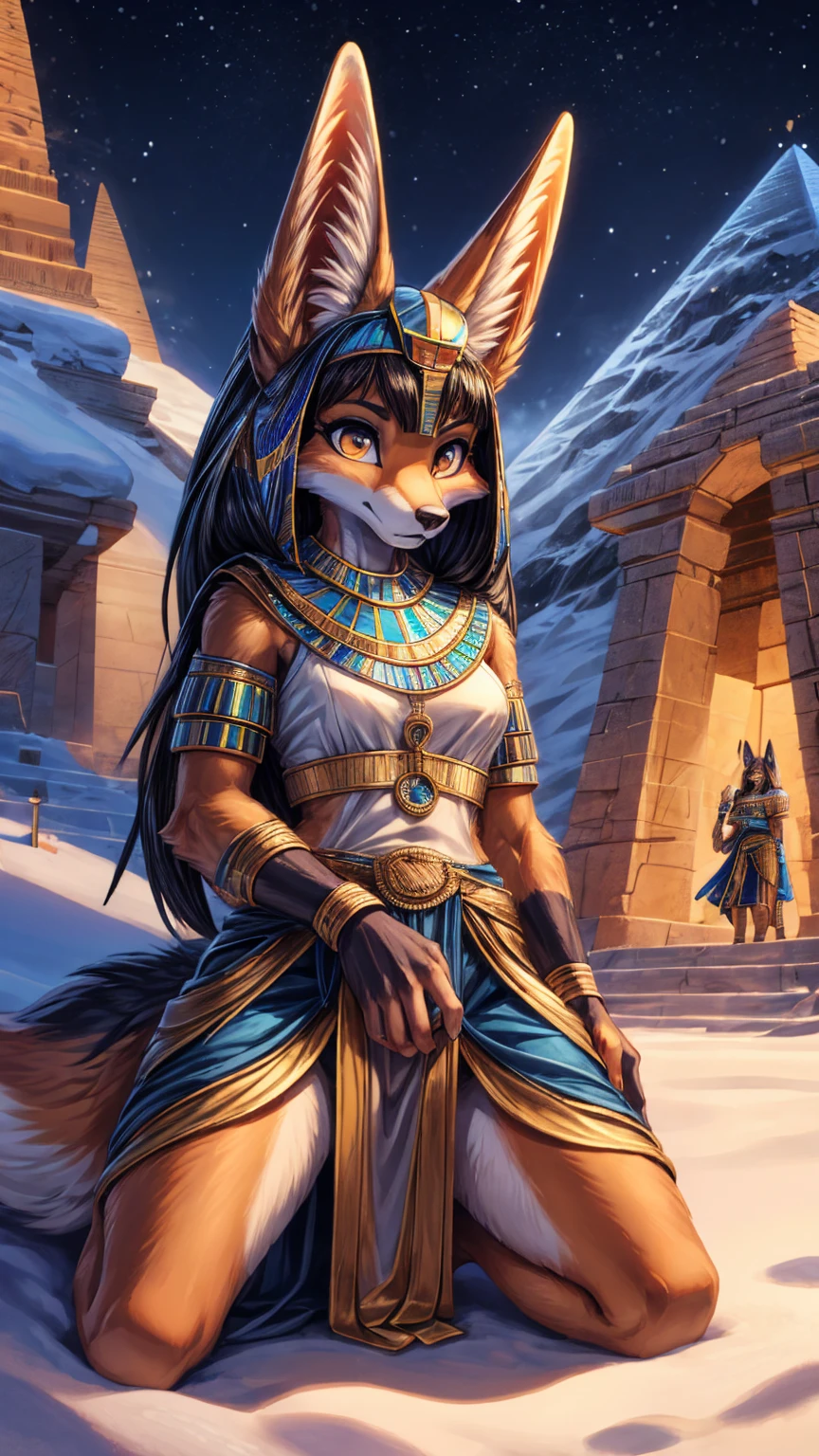 The best quality, Egyptian teen jackal black girl body, egiptian clothes , fox face elongated snout add-detail, Surprise face, jackal warrior in the snow add_detail:1, add barefoot_detail:1 mystical aura, kneeling in the snow, background pyramids