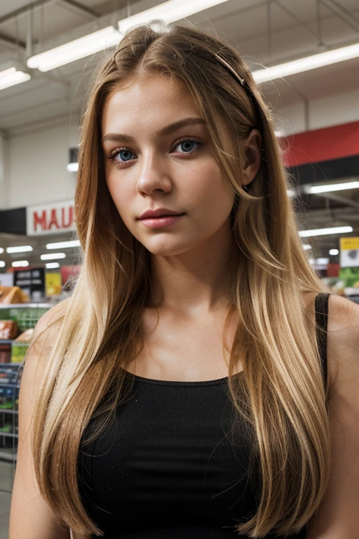 A photorealistic of a 21-year-old russian blond girl with long hair and striking dark eyes. She should have a natural, approachable expression and be illuminated by soft, in a superstore