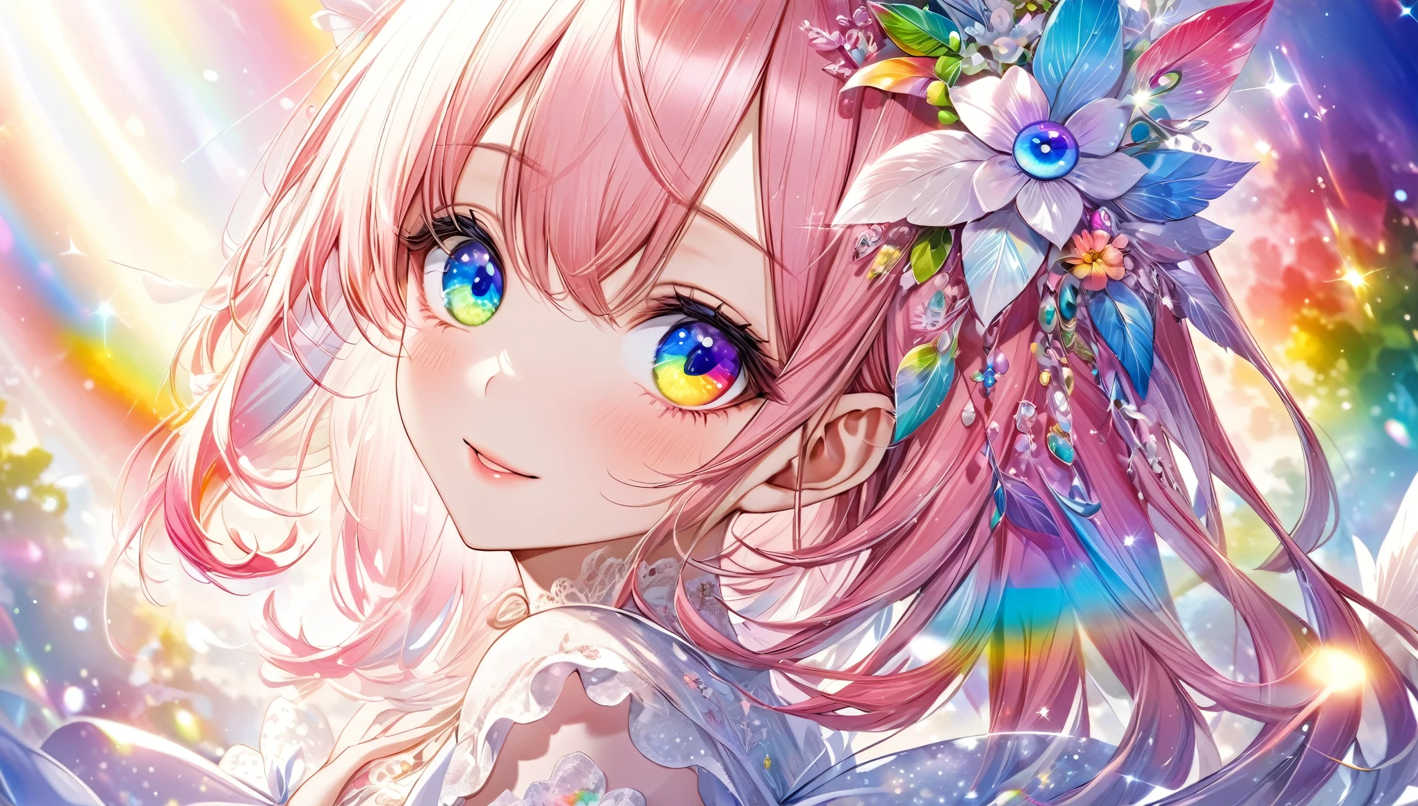 Psychedelic world、Commemorative photo、Goddess white dress,beautiful girl、ta、15-ycute girl、(Look forward), (Looking at this), (Very delicate and beautiful face)、(Beautiful eyes in every detail)、((((Heterochromia Iridum - Red and Blue Eye Color))))、Through the bangs,Pink long hair, Beautiful attention to detail, Beautiful lip detail, Highly detailed face, Attractive eyes, Long eyelashes, smile, shy, One Girl, Digital Art, pastel colour, ((Use the rainbow as your main color)),Vibrant colors,fantasy art pieces,dream-like,Mythical fantasy with rainbow accents,Fairytale Fantasy, (((Translucent rainbow))),Subtle iridescent details,Gives off an aura of magic,Exquisite detail,Character clothing should be designed with thin feathers, silk, Soft lighting, Cinematic, romantic, baby doll、Framing above the chest、Colorful gel background、Fractal Floral Background、Sparkling、Perfect lighting、Sharp focus、High resolution、High resolution、High color rendering、High resolution