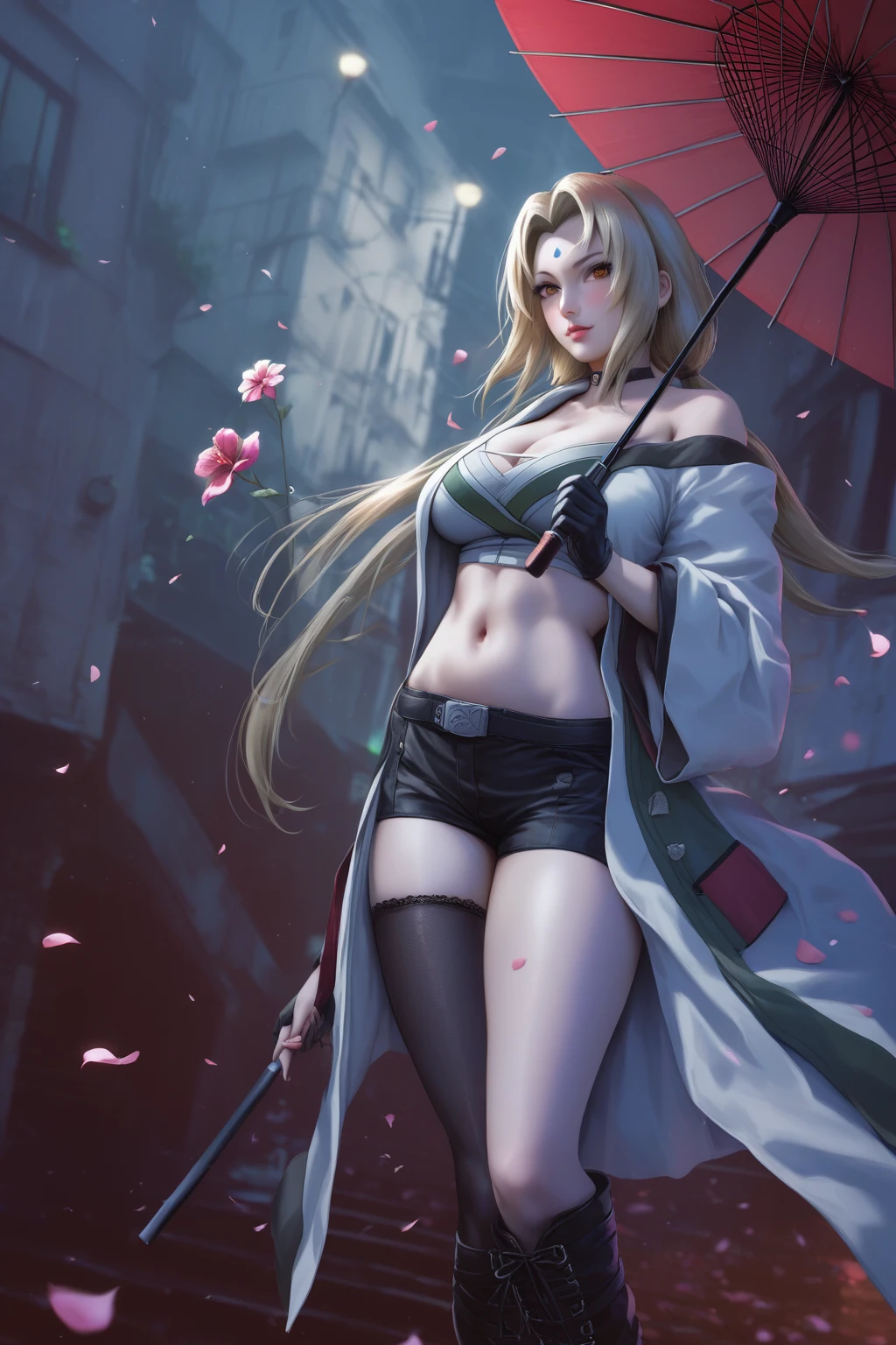 tmasterpiece，Need，full bodyesbian，1girll，By bangs，Black necklace，Black leg strap，blond hairbl，Low-cut blue skirt，Blushlush，bangle，beauty breast，choker necklace，No clothes around the waist，鎖骨，ear piercings，Eyebrows visible through hair，Gradient hair，grinning smile，Loose tie，tiese，nipple piercing，Superskirt，red eyes，gyuru，Erotic lingerie，a skirt，ssmile，Solo，white  shirt，street corner，Skysky，SakuraNS，petals，illustration，（Magazines：1.3），（Cover style：1.3），Fashionab，woman，with dynamism，Attire，posing on a，frontage，dyna，self-assured，Expressing the，halter，statement，Attachment，A majestic，coil，Runt，Touching pubic area
