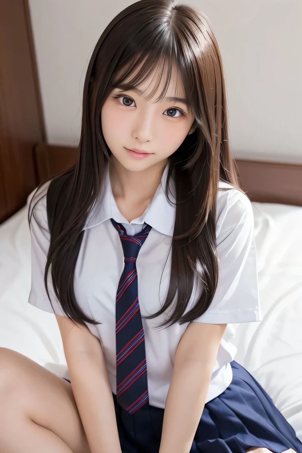 (Cute Japanese Girl), Sexy 18 year old girl, (The cutest face), Thin chest, Thin thighs, Straight hair, On the bed, (((school uniform))), ((Sexy pose like gravure model)), (Expression of orgasm), ((Lying)), 