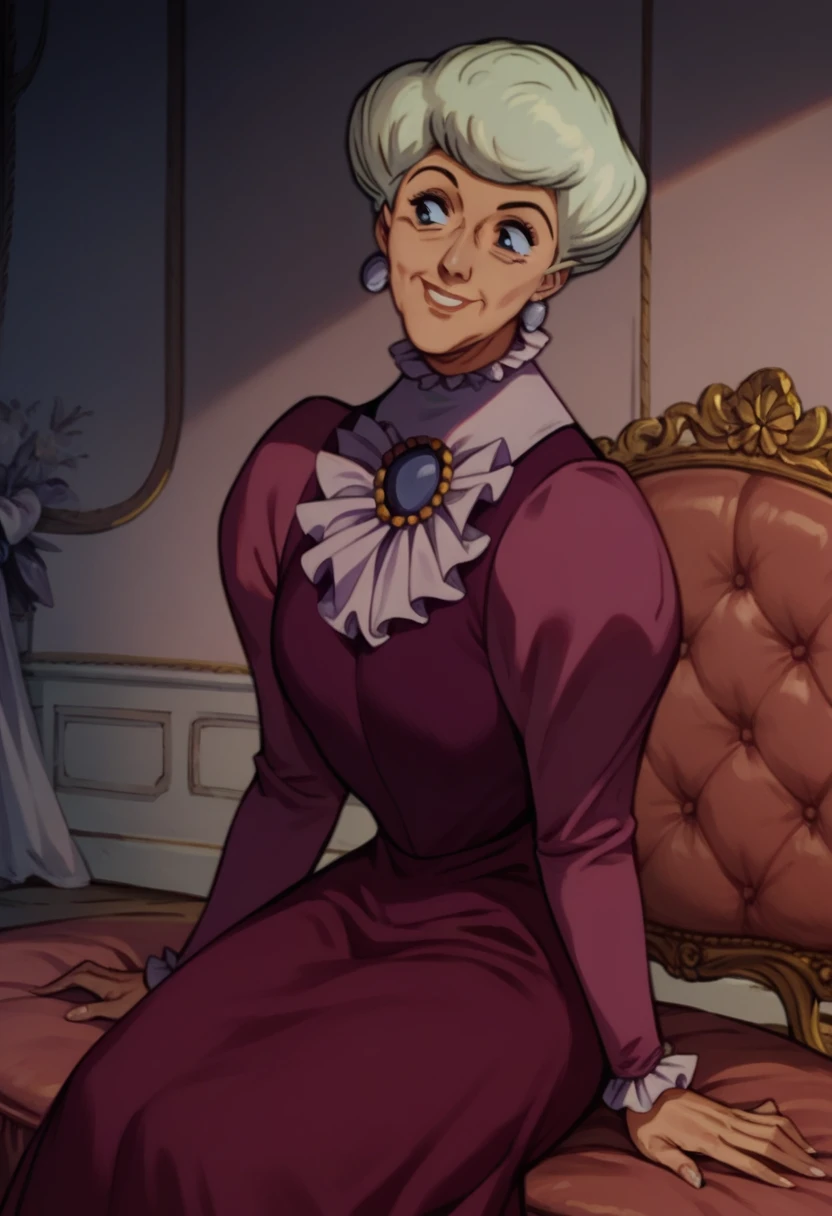 score_9_up, score_8_up, score_7_up, score_6_up, 1 girl, solo, m_adelaide, old woman, blue eyes, earrings, long purple dress, brooch, smile, sitting in a beautiful french mansion, cartoon, retro artstyle,