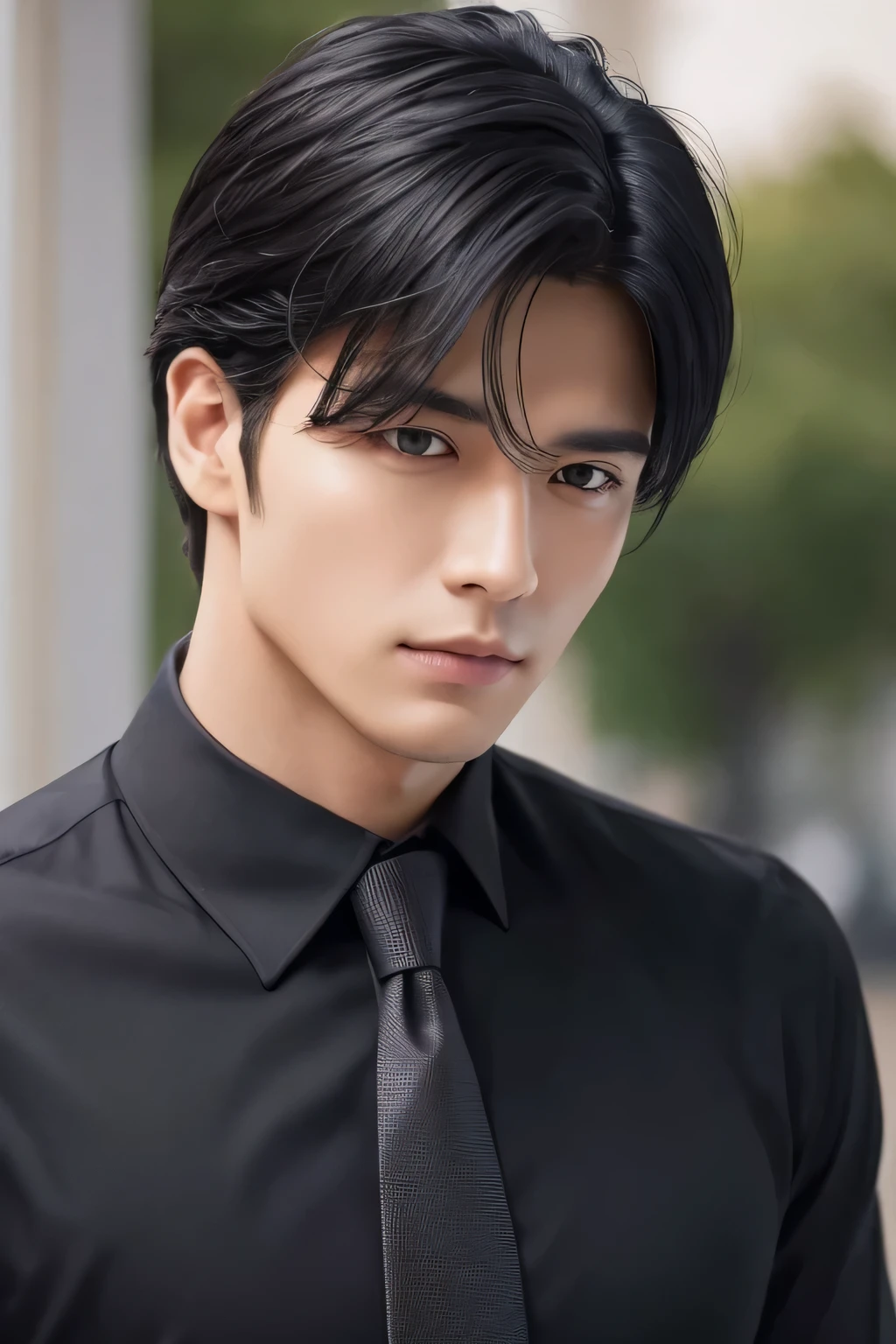 handsome black hair　Muscular　up　Wear a black collared shirt　With a sharp expression　Pull up your hair　A little more mature　The gesture of loosening a tie