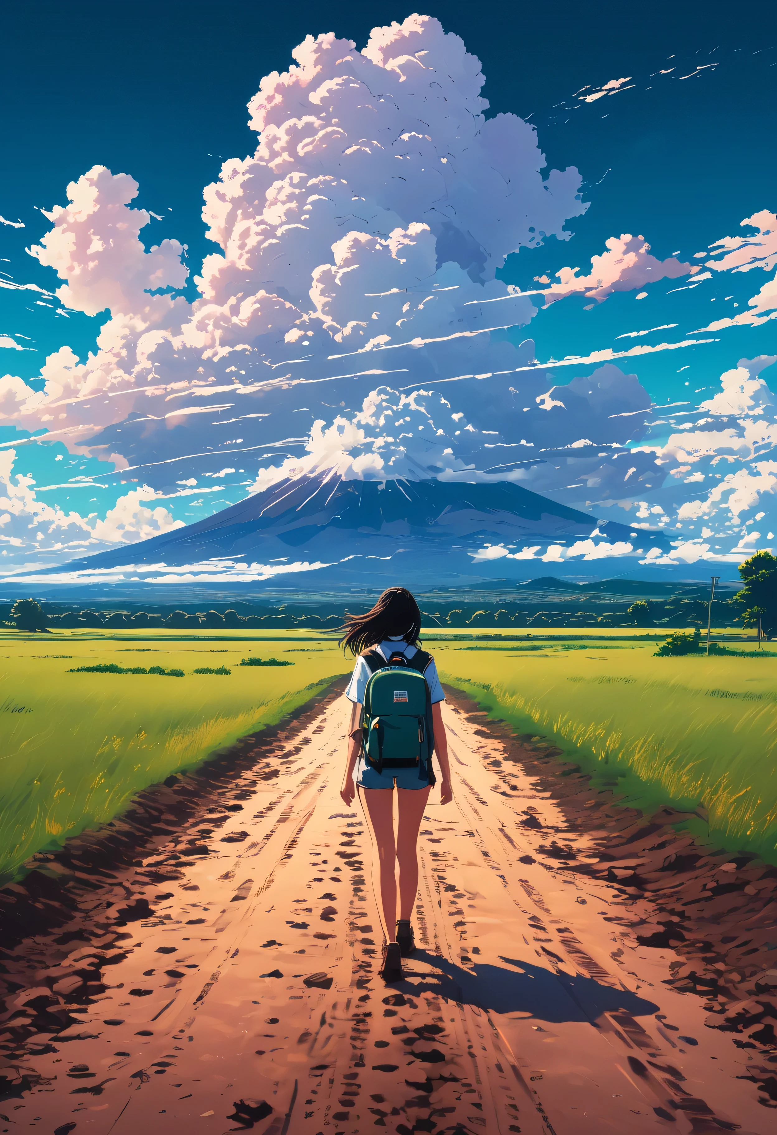 there is a woman walking down a dirt road with a backpack, anime style mixed with fujifilm, style of alena aenami, girl clouds, artistic. alena aenami, in style of makaoto shinkai, makoto shinkai cyril rolando, ilya kuvshinov landscape, in the distance, style of makoto shinkai, girl getting close to the mountain