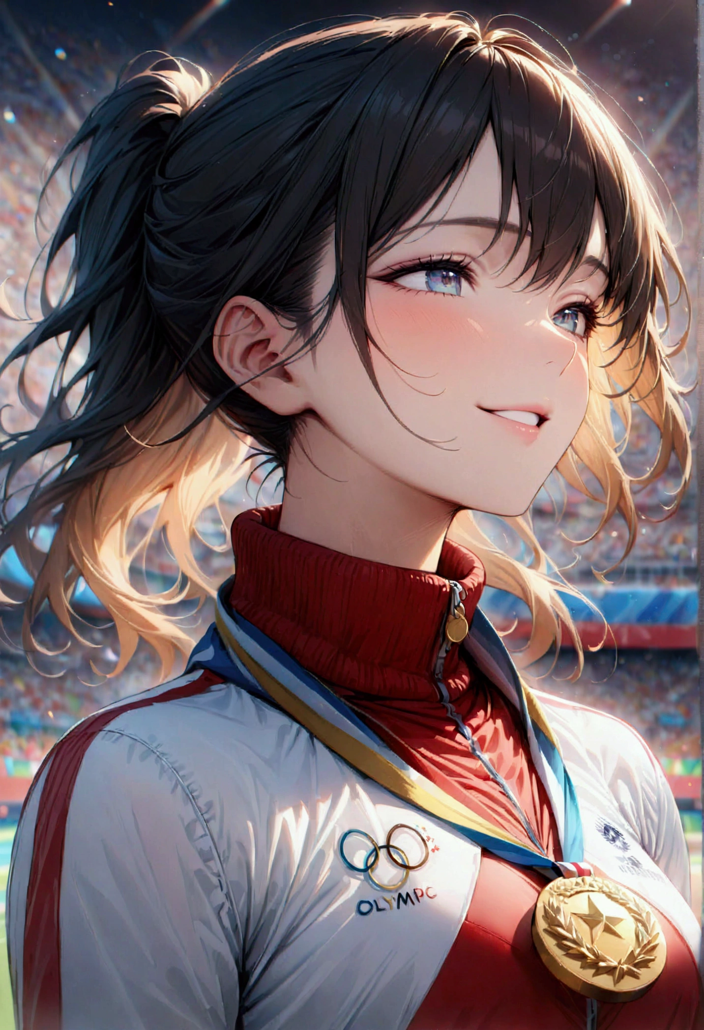 awards ceremony, kissing the gold medal, happy, (masterpiece:1.2), best quality, high quality, (hyper detailed), 4K, high resolution, extremely detailed CG, Olympic, athlete, track suit, upper body,