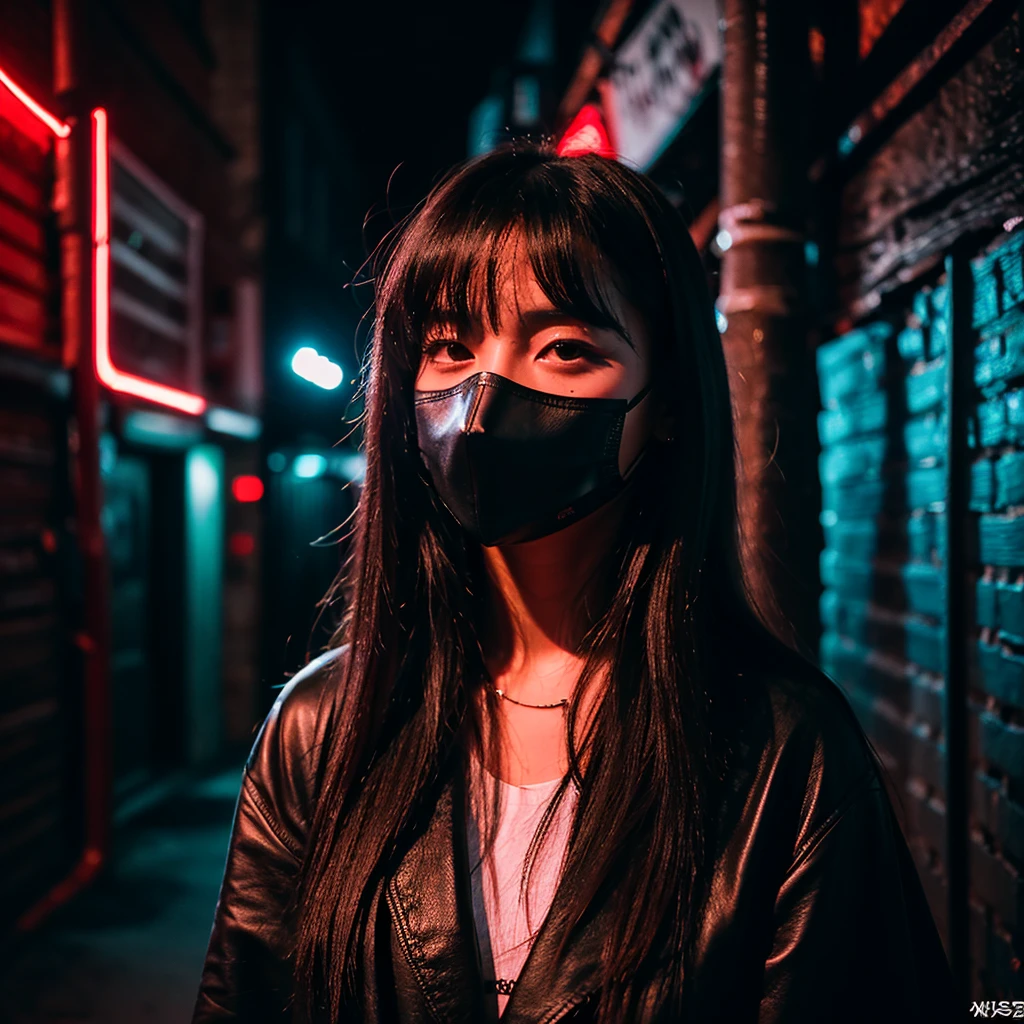 a closweup of a women with long hair, smooth and black, popular korean makeup, tomboy, South Korean popular makeup, The
Korean girl is in an empty, dark alley illuminated by red lights., The girl wears red and black leather clothes and can barely see because of the dark vibe of the alley., the red light is not as intense making the darkness noticeable, the alley is dark without any kind of light, The girl is standing and you can see her whole body., she wears a mask on her face