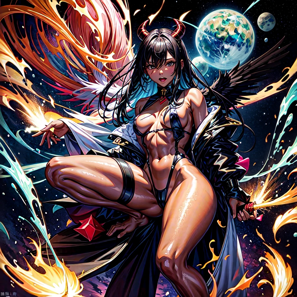 Highest quality、Anatomically correct、Black wings grow、disaster々Cool atmosphere、devil、Female Demon King、Dark Places、Dark Skin、An evil look、It has a tail、Staring at this、 Dark Background、naked、With legs apart、 No clothes、Dark Skin、Leg spread、Sticking out tongue、全naked、Sunburned skin、solo、Crouching、Long Tongue、Open your legs
