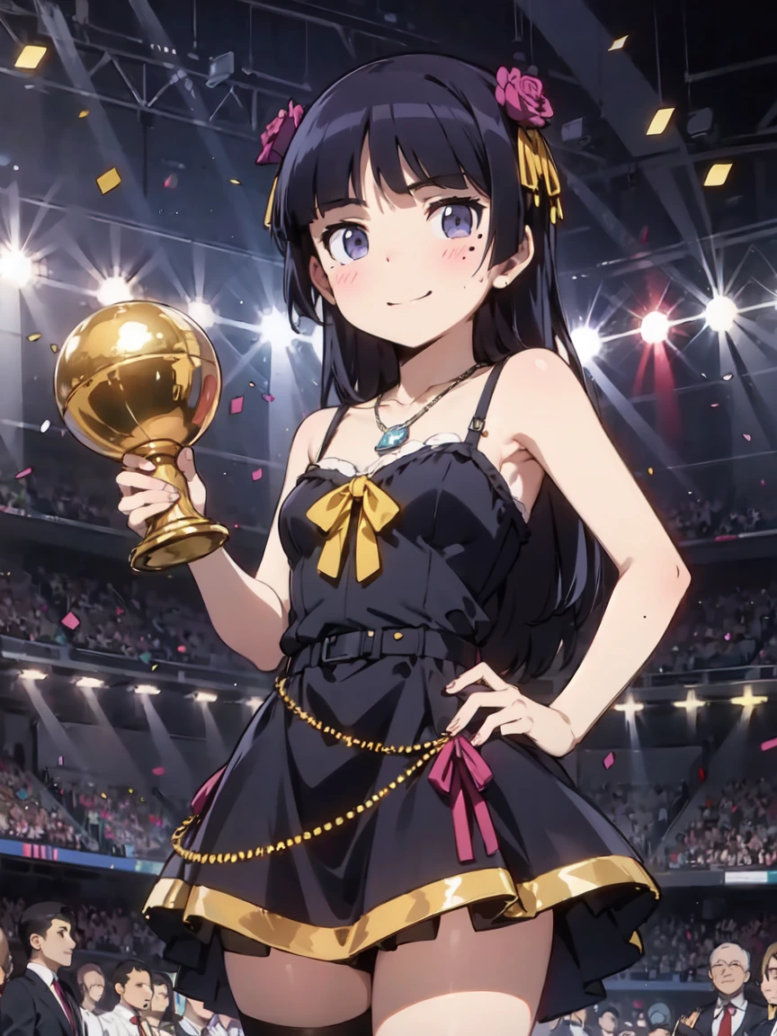 (Award-Winning Moment), (ruri gokou), blush, Long Hair, Black Hair, Mole, Mole under eye, 1 girl, (Award Ceremony), woman, Sunny, Luxury Dresses, Black costume, Spotlight, applause, smile, necklace, gem, (Trophy), ((金のTrophy)), (confetti), celebration, stage, Red carpet