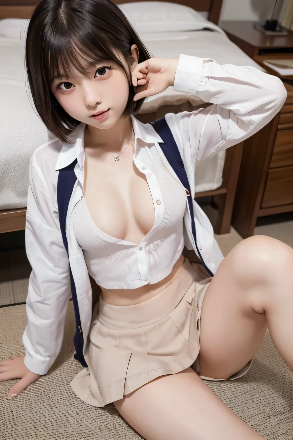 NSFW、Japoneses、Usar un uniforme de escuela secundaria、Incredibly short skirt、muy, muy linda cara、(cachondaＹFalda mini plisada micro azul oscuro en camisa、Ropa interior bajo ropa en color blanco.、allure pose with white panties、acostado de lado、piernas abiertas de par en par、((The skirt is turned upwards and the panties are visible:1.2,)),Mekosji, ((highest qualityr,8k,obra maestra:1.3,)),foco nítido:1.2,Linda mujer con forma de cuerpo perfecta:1.4,La mejor sonrisa,Cara joven、Puedes ver los dientes dobles、Light brown Medium hair Bob、Un esbelto,Abdominales:1.2,Cameltoe,Presume de bragas con ambas piernas abiertas