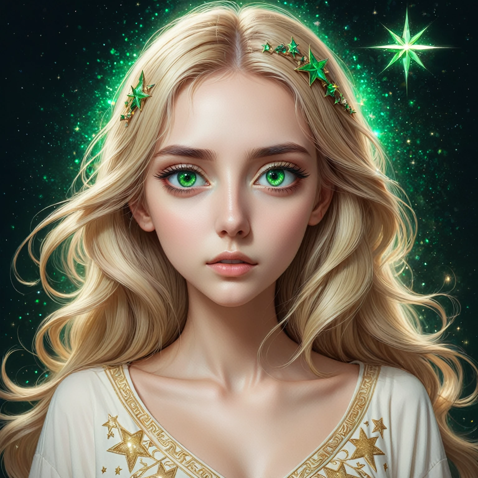 (((absurdity))), (((Best quality))), portrait, Digital art, (trending on artstation), ((1 girl)), ((green sparkling eyes)), star shaped eyes, Beautiful, (beige blond long hair), (((greek clothing))):0.9.