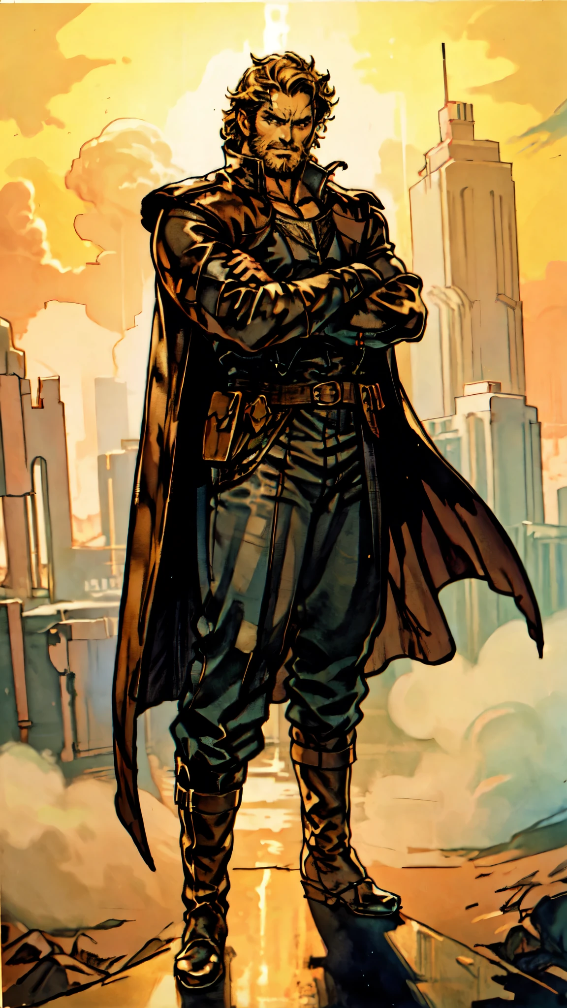 (masterpiece:1.2, best quality:1.2, extremely delicate:1.2), ((male:1.5)), a middle-aged man with short black and gold hair, rugged eyebrows, a full beard, downturned triangular eyes, an arrogant expression, mouth open laughing, a tall and robust build, a fantasy western-style cape and leather coat, his arms crossed over his chest, a leather utility belt, loose canvas trousers, standing majestically on a barren hillside, this character embodies a finely crafted fantasy western-style overlord in anime style, exquisite and mature manga art style, dramatic, high definition, highres, ultra-detailed, ultra-fine painting, professional, perfect body proportions, golden ratio, anatomically correct, symmetrical face, extremely detailed eyes and face, high quality eyes, creativity, RAW photo, UHD, 32k, Natural light, cinematic lighting, (masterpiece-anatomy-perfect:1.2)