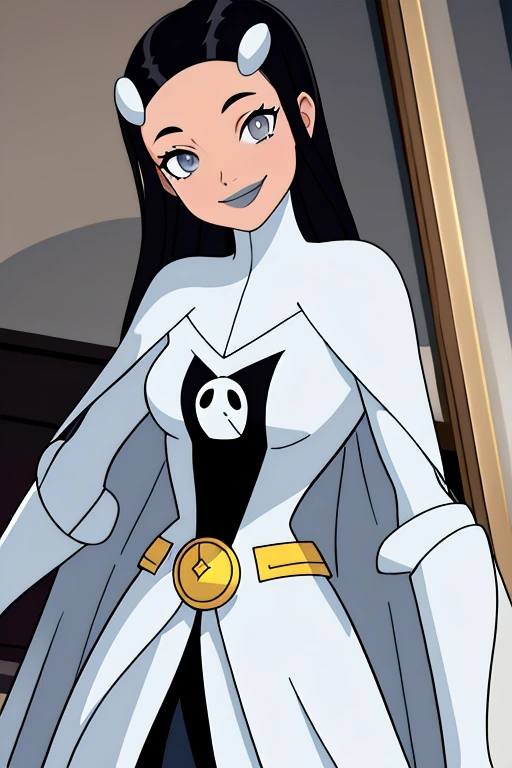 Tinya Wazzo, solo,black hair, grey eyes, smile, grey lips, white cape, (cape covering her body 1.2) (cape pose 1.2) best quality, masterpiece, 1girl, Masterpiece, Best Quality, Detail, room,