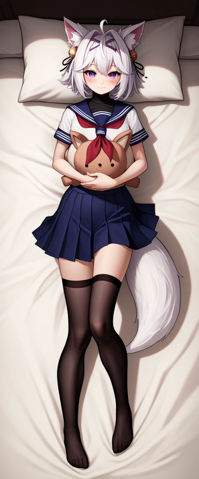 Dakimakura, UHD, Masterpiece, best quality, detailed, sharp focus, midnight, ((studio lighting)), front light, full body light, well-lit face, soft light, diffuse light, shade, no shadow, messy bed, lying on bed, 1girl, solo, filian, fox tail, cat ears. white hair, short hair, ahoge, hair clip, hair bell, big round eyes, deep purple eyes, ((dark purple eyes)), blush, closed mouth, light smile, small breast, ((holding big cute stuffed toy)), ((hidden hand)), serafuku, red neckerchief, swimsuit under clothes, covered navel, blue skirt, black thighhigh, slim arms, slim legs, Eye-Level shot, full body pose, innocent pose, front view