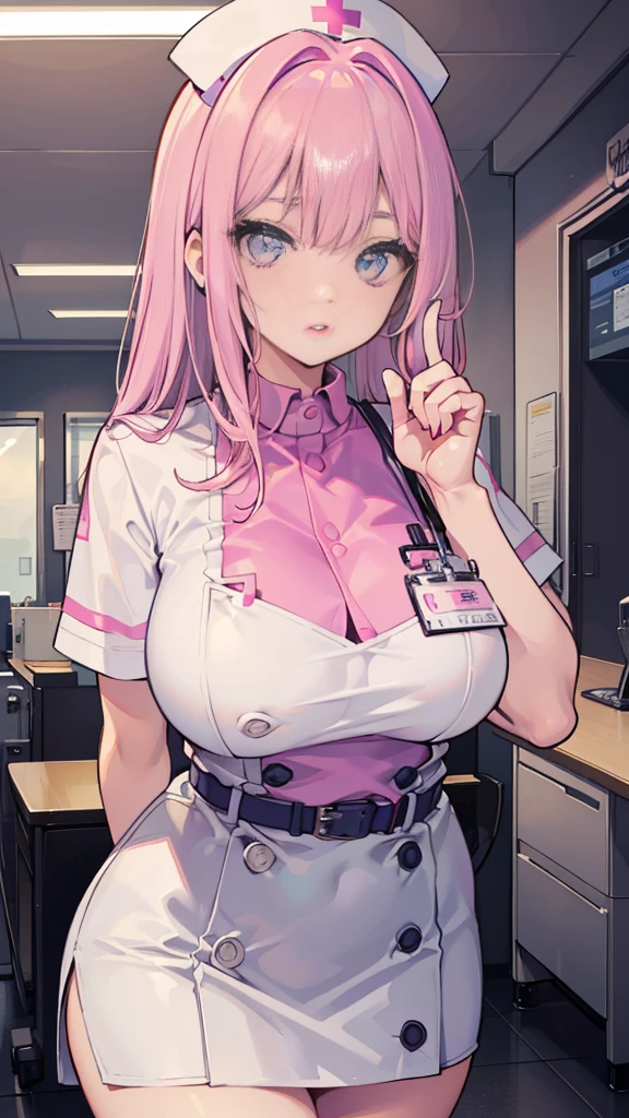 Beautiful woman, Sparkling eyes, False eyelashes, Pink Lips, Big and ample breasts, Two Arms, thumb and four fingers, Anatomically correct fingers, Detailed Description, hospital, nurse, I'She is sitting on the bed and her panties are visible through her miniskirt., Leg spread,