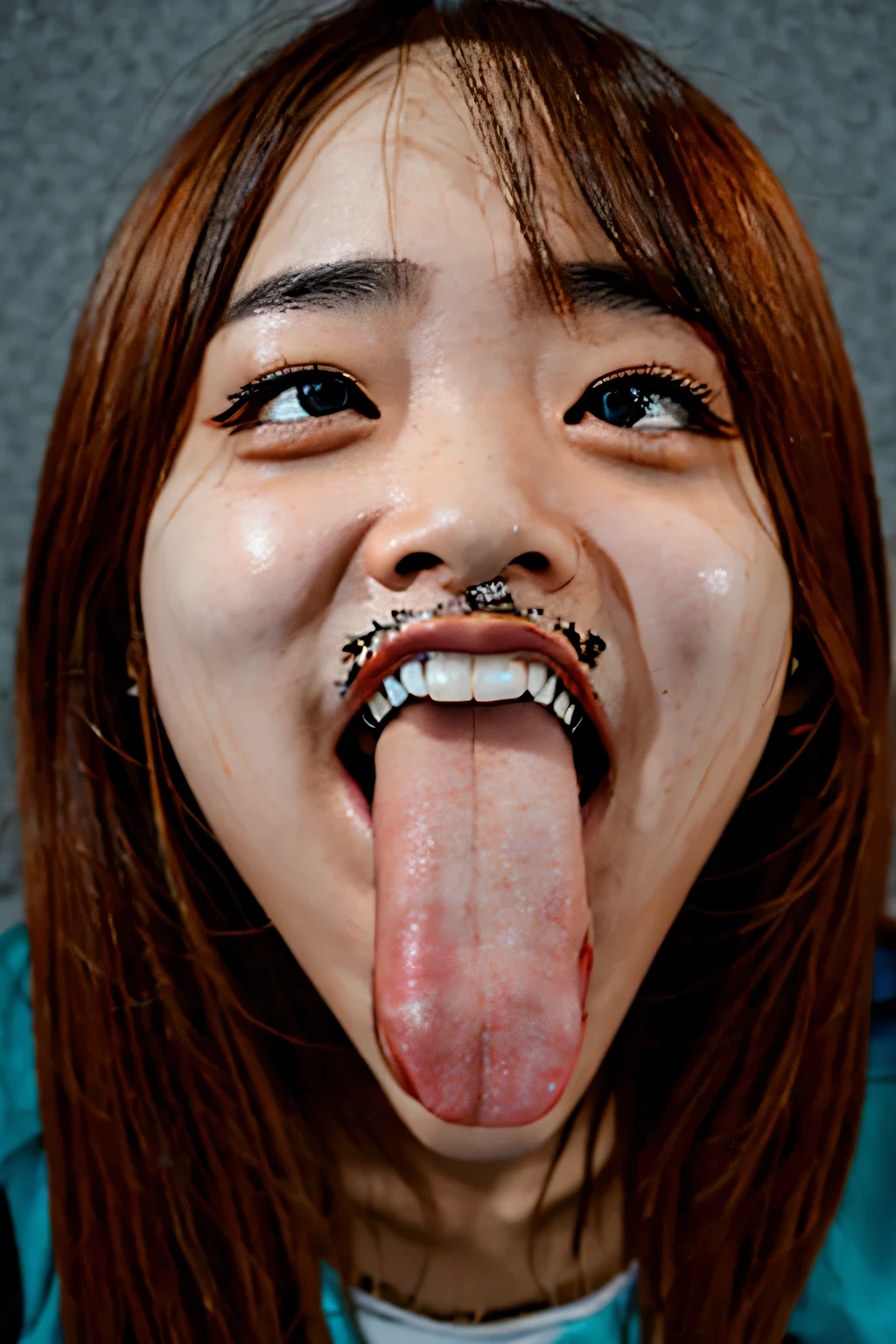 Korean,,,woman,Show only the face,Eyes wide open, a scary smile,Open your mouth and eyes wide,stick your long tongue out of your mouth,Brown tongue,The tongue is dirty,tooth decay