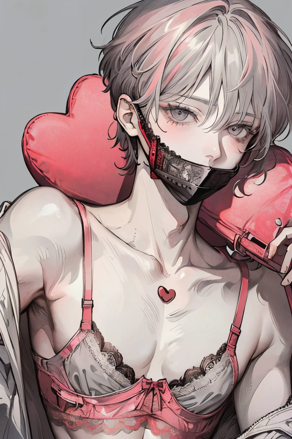 Beautiful young man, coral pink-haired, ((Gray eyes)),(short wave hair:1.2), (Face mask:1.2),((underwear、bra、lingerie、lace:1.2)),clear wear,High quality, amount of drawing, pixiv illustration,(heart:1.2),close-up Face,red-cheek,(NSFW:1.0),((hand inside underwear:1.1)),(spread legs:1.25).