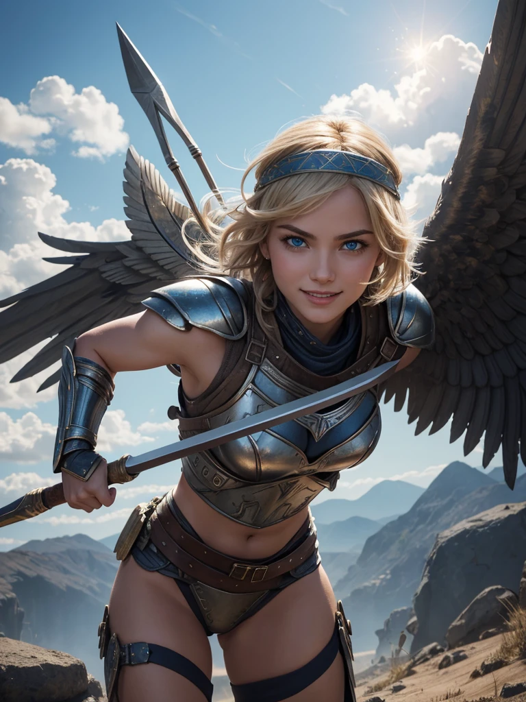 belligerent girl, Valkyrie, bold and beautiful, short blond hair, Blue eyes, smile, Predator's Gaze, Developing hair, A look over the shoulder, headband with metal wings, Sparkling steel, Bow and arrows, Weapon, heat of battle, battle, clouds, realistic photo, high quality, masterpiece, detailed study.
