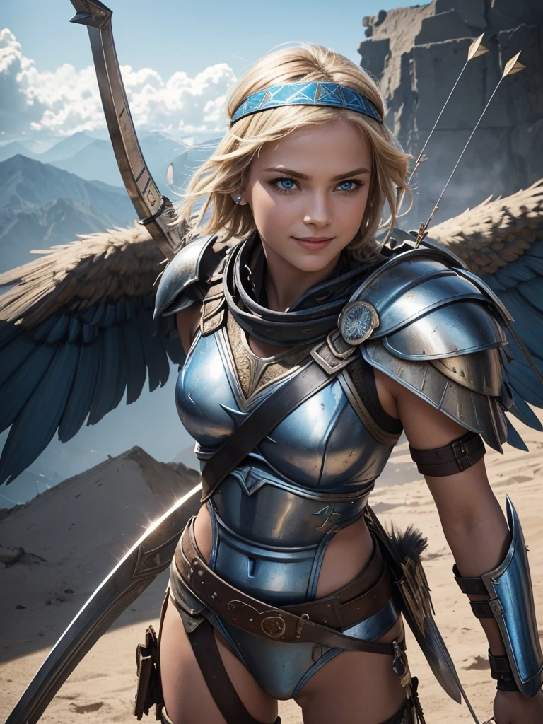belligerent girl, Valkyrie, bold and beautiful, short blond hair, Blue eyes, smile, Predator's Gaze, Developing hair, A look over the shoulder, headband with metal wings, Sparkling steel, Bow and arrows, Weapon, heat of battle, battle, clouds, realistic photo, high quality, masterpiece, detailed study.