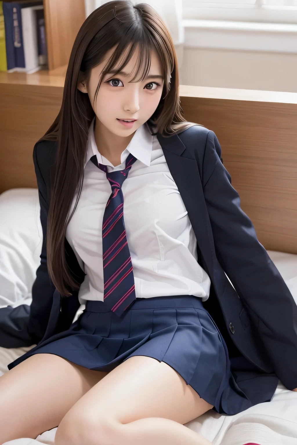 (Cute Japanese Girls), Sexy 18 year old girl, (The cutest faces), Thin chest, Thin thighs, Straight hair, On the bed, (((school uniform))), ((model like sexy pose)), (expression in orgasm), ((lying on)),