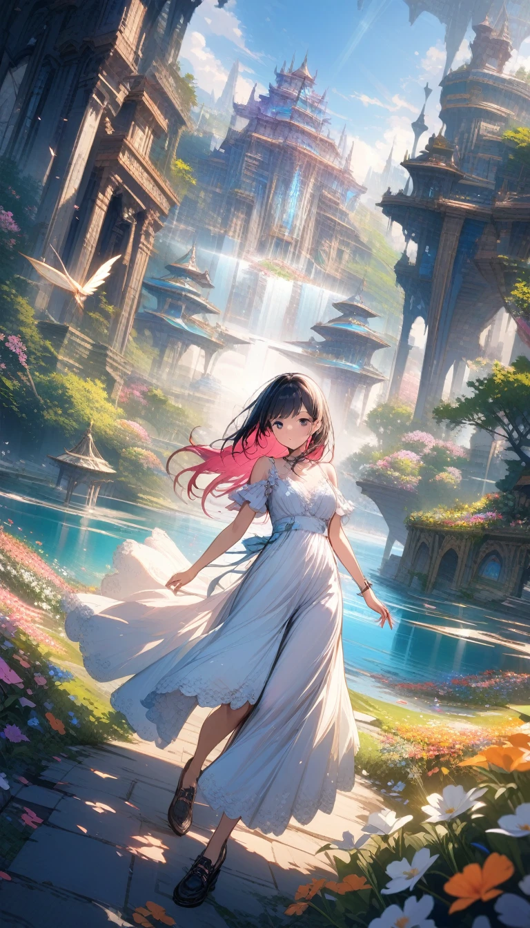 ((best quality)) , ((masterpiece)) , (detailed)，Color splash, (((1girl))) , wearing Shabby Chic Wrap dress, has metallic plating, Colored hair, Fossil fuel power station in background,(extremely detailed CG unity 8k wallpaper),(((masterpiece))), (((best quality))), ((ultra-detailed)), (best illustration),(best shadow), ((an extremely delicate and beautiful)),dynamic angle,floating, fairyland,dynamic angle,sea of flowers,beautiful detailed garden,wind,classic,spring, (detailed light),feather, nature, (sunlight), river, forest,(((floating palace))),((the best building)),beautiful and delicate water,(painting),(sketch),(bloom),(shine)