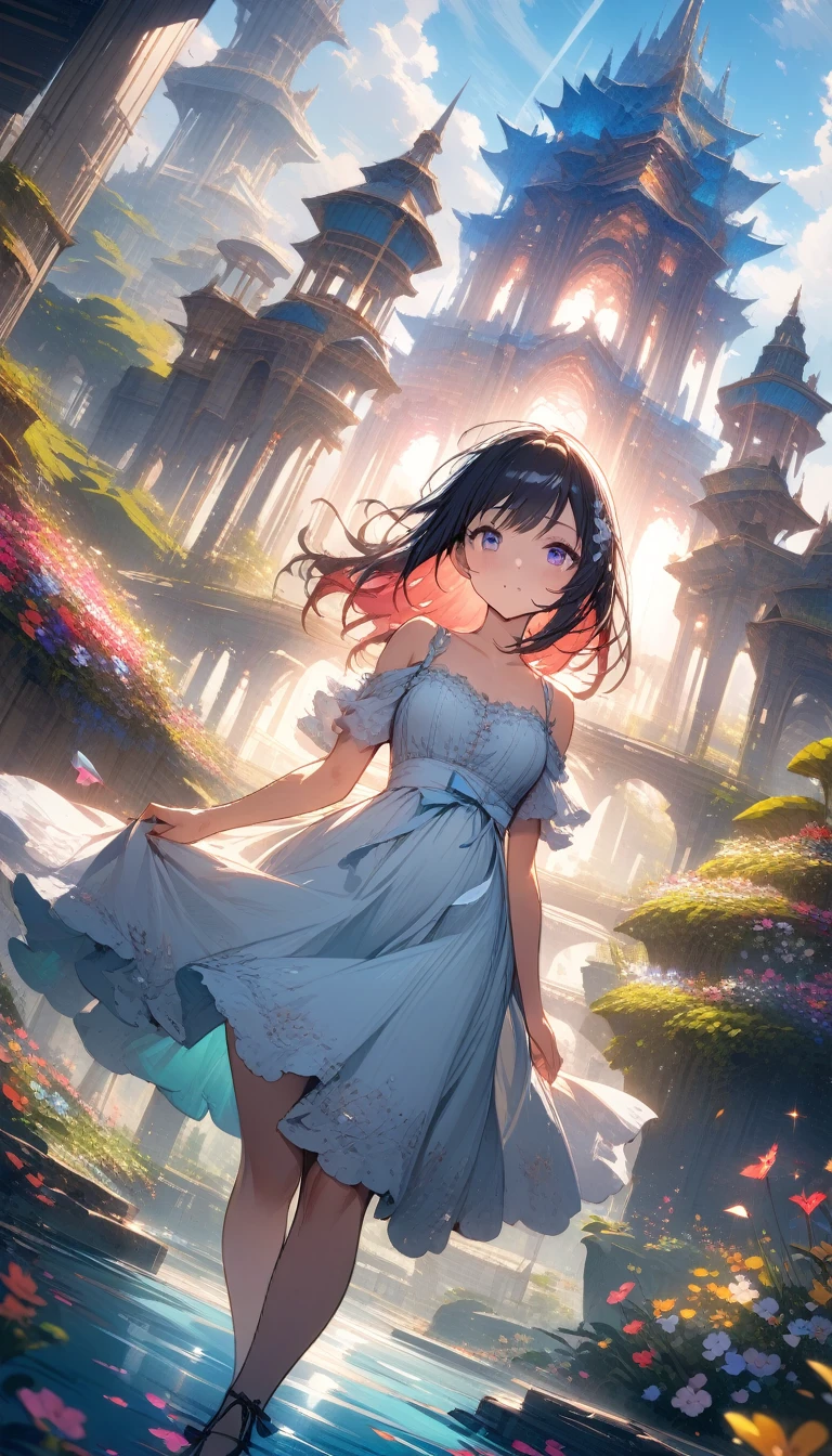 ((best quality)) , ((masterpiece)) , (detailed),Color splash, (((1girl))) , wearing Shabby Chic Wrap dress, has metallic plating, Colored hair, Fossil fuel power station in background,(extremely detailed CG unity 8k wallpaper),(((masterpiece))), (((best quality))), ((ultra-detailed)), (best illustration),(best shadow), ((an extremely delicate and beautiful)),dynamic angle,floating, fairyland,dynamic angle,sea of flowers,beautiful detailed garden,wind,classic,spring, (detailed light),feather, nature, (sunlight), river, forest,(((floating palace))),((the best building)),beautiful and delicate water,(painting),(sketch),(bloom),(shine)