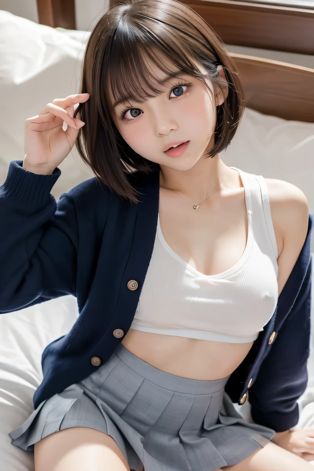 (Cute Japanese Girls), Sexy 18 year old girl, (The cutest faces), Thin chest, Thin thighs, short hair, On the bed, (((school uniform))), ((model like sexy pose)), (expression in orgasm), ((lying on)),