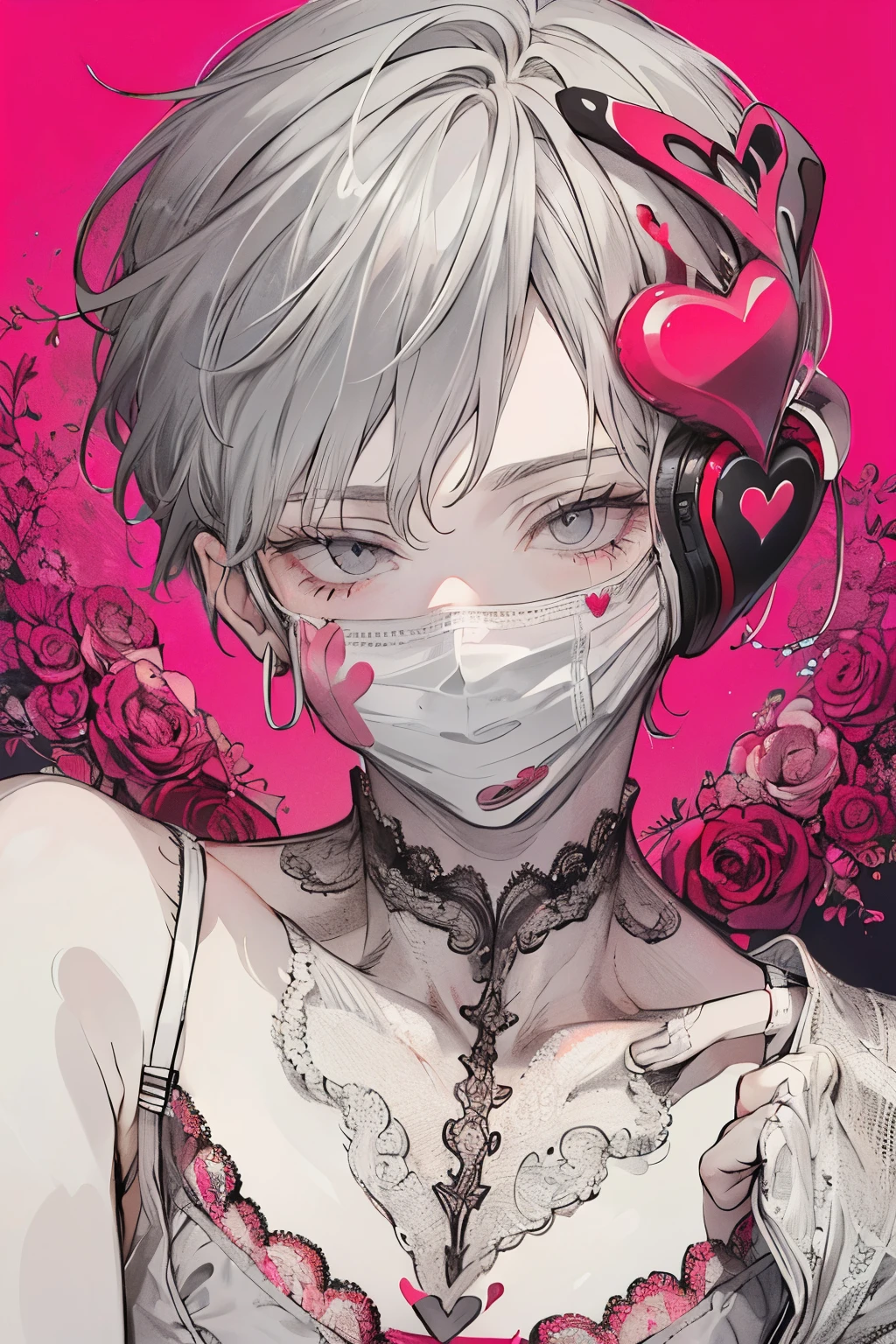 Beautiful young man, coral pink-haired, ((Gray eyes)),(short wave hair:1.2), (Face mask:1.2),((underwear、bra、lingerie、lace:1.2)),clear wear,High quality, amount of drawing, pixiv illustration,(heart:1.2),close-up Face,red-cheek,(NSFW:1.0),((hand inside underwear:1.1)),(spread legs:1.25).