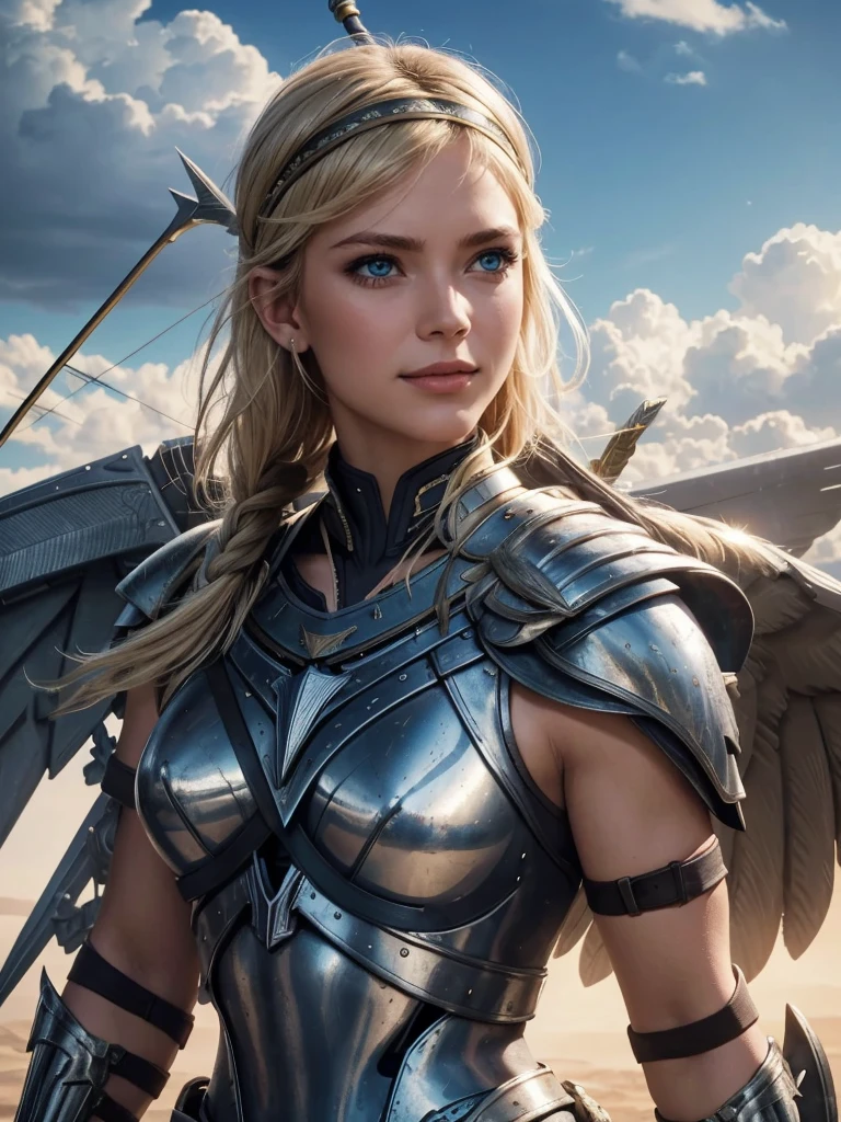 belligerent girl, Valkyrie, bold and beautiful, short blond hair, Blue eyes, smile, Predator's Gaze, Developing hair, A look over the shoulder, headband with metal wings, Sparkling steel, Bow and arrows, Weapon, heat of battle, battle, clouds, realistic photo, high quality, masterpiece, detailed study.