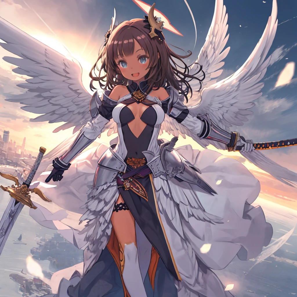 fantasy, 1angel_girl, low_, dark_brown_hair,long_bangs, (dark_skin)+, bare_shoulder, navel out, thighhighs,silver_shiny_armor, white_clothes,waist_armor, Glebe, hold_swords_emits_light, medium_breasts, dynamic_flying_pose,Floating, (1pair_white_wings:1.2),(pelvic_curtain:1.3), silver_Headgear ,looking_down_at_sunset_city_sky_background,,slightly_spread_legs, some_swords_emits_light,some_swords_emits_light_floating_around_the_girl,solo,glare_halo,laugh ,smile,open_mouth,open_legs,open_arms,rise_knee,rise_leg,rise_thigh,rise_leg,forward_leaning_posture,apart_legs,