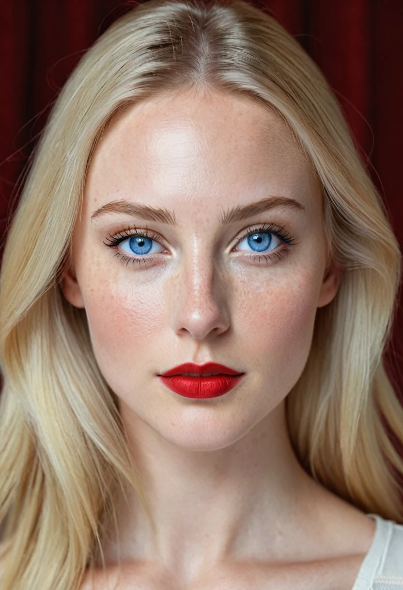 Extremely light white woman, young, adult, neoteny, blue eyes, angelic face, fine features, thin nose, symmetrical face, small nose, perfect face, tenderness, smooth skin, perfect skin, very long light blonde hair,hyper realistic,centered front face, looking straight ahead,strong face freckless,strong red lipstick