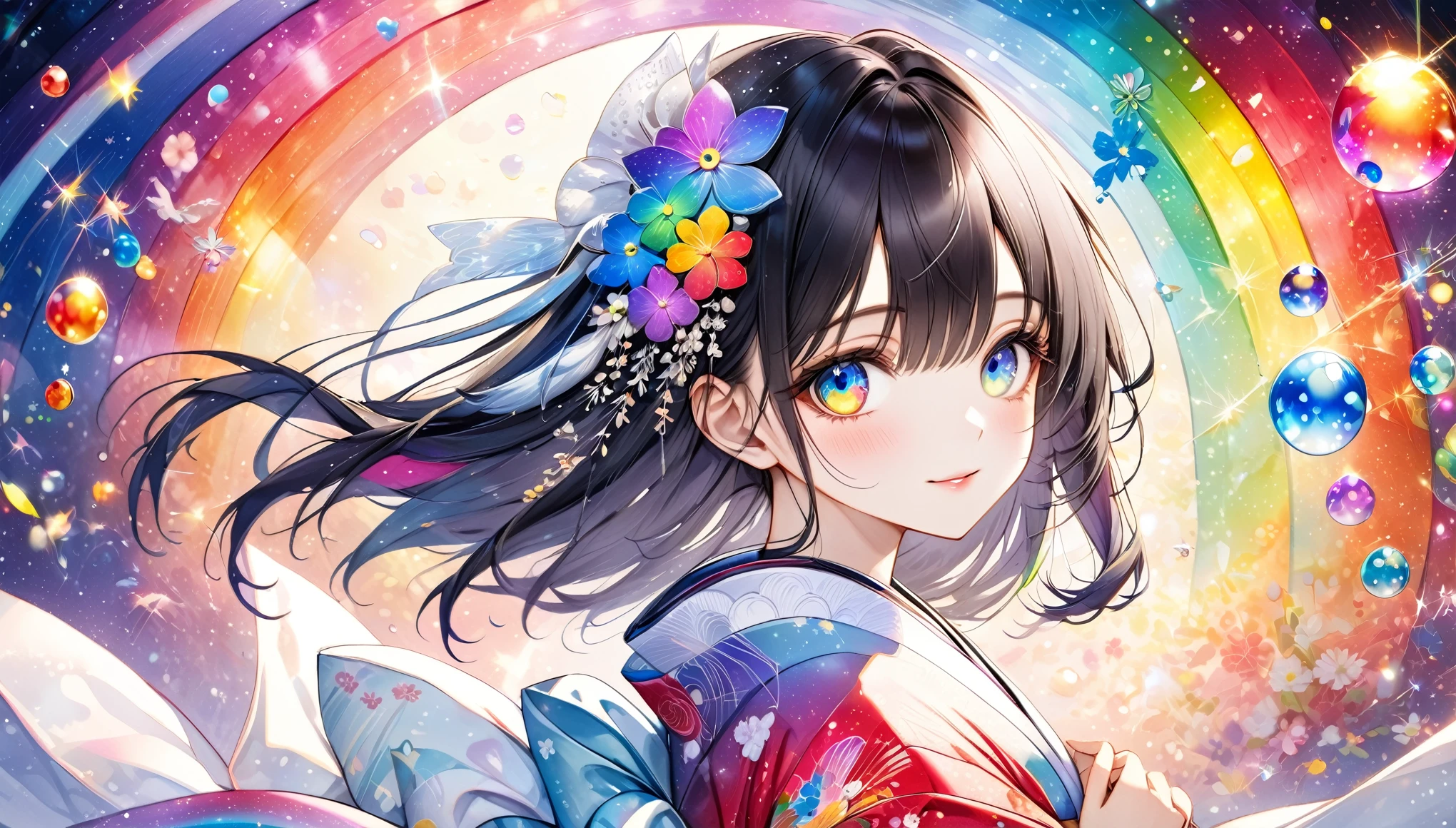 A fusion of watercolor and oil painting, Psychedelic world, Commemorative photo, Japanese Kimono,beautiful girl、ta、15-ycute girl、(Look forward), (Looking at this), (Very delicate and beautiful face)、(Beautiful eyes in every detail)、((((Heterochromia Iridum - Red and Blue Eye Color))))、Through the bangs,Black Hair,Long Hair ,Beautiful attention to detail, Beautiful lip detail, Highly detailed face, Attractive eyes, Long eyelashes, smile, shy, One Girl, Digital Art, pastel colour, ((Use the rainbow as your main color)),Vibrant colors,fantasy art pieces,dream-like,Mythical fantasy with rainbow accents,Fairytale Fantasy, (((Translucent rainbow))),Subtle iridescent details,Gives off an aura of magic,Exquisite detail,Character clothing should be designed in kimono, Heavenly, Soft lighting, Cinematic, romantic, baby doll、Framing above the chest、Colorful gel background、Fractal Floral Background、Sparkling、Perfect lighting、Sharp focus、High resolution、High resolution、High color rendering、High resolution